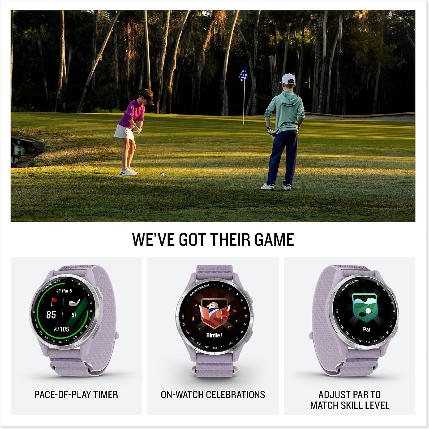 image:imageGarmin Approach J1 Junior Golf Watch with GPS Bright and Colorful Display TeeOff Guidance Essential Features for Learning and Improving Black 12 Amoled Touchscreen TeeOff Guidance Personal Par PaceofPlay 43 000 Plus Courses Up to 15 Hr GPS 5 AtmLilac