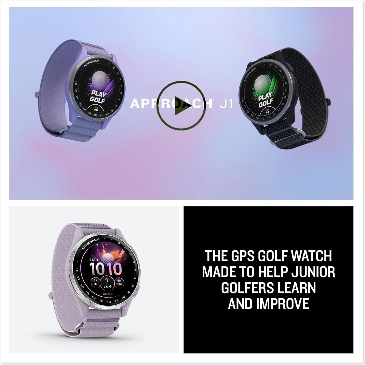 image:imageGarmin Approach J1 Junior Golf Watch with GPS Bright and Colorful Display TeeOff Guidance Essential Features for Learning and Improving Black 12 Amoled Touchscreen TeeOff Guidance Personal Par PaceofPlay 43 000 Plus Courses Up to 15 Hr GPS 5 AtmLilac