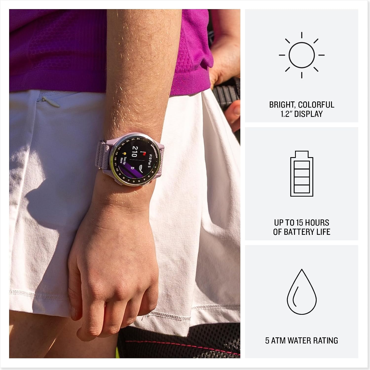 image:imageGarmin Approach J1 Junior Golf Watch with GPS Bright and Colorful Display TeeOff Guidance Essential Features for Learning and Improving Black 12 Amoled Touchscreen TeeOff Guidance Personal Par PaceofPlay 43 000 Plus Courses Up to 15 Hr GPS 5 AtmLilac