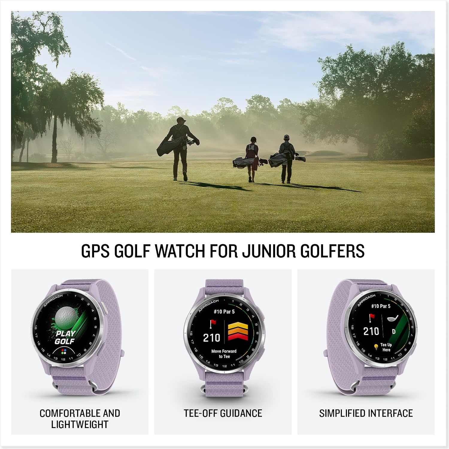 image:imageGarmin Approach J1 Junior Golf Watch with GPS Bright and Colorful Display TeeOff Guidance Essential Features for Learning and Improving Black 12 Amoled Touchscreen TeeOff Guidance Personal Par PaceofPlay 43 000 Plus Courses Up to 15 Hr GPS 5 AtmLilac