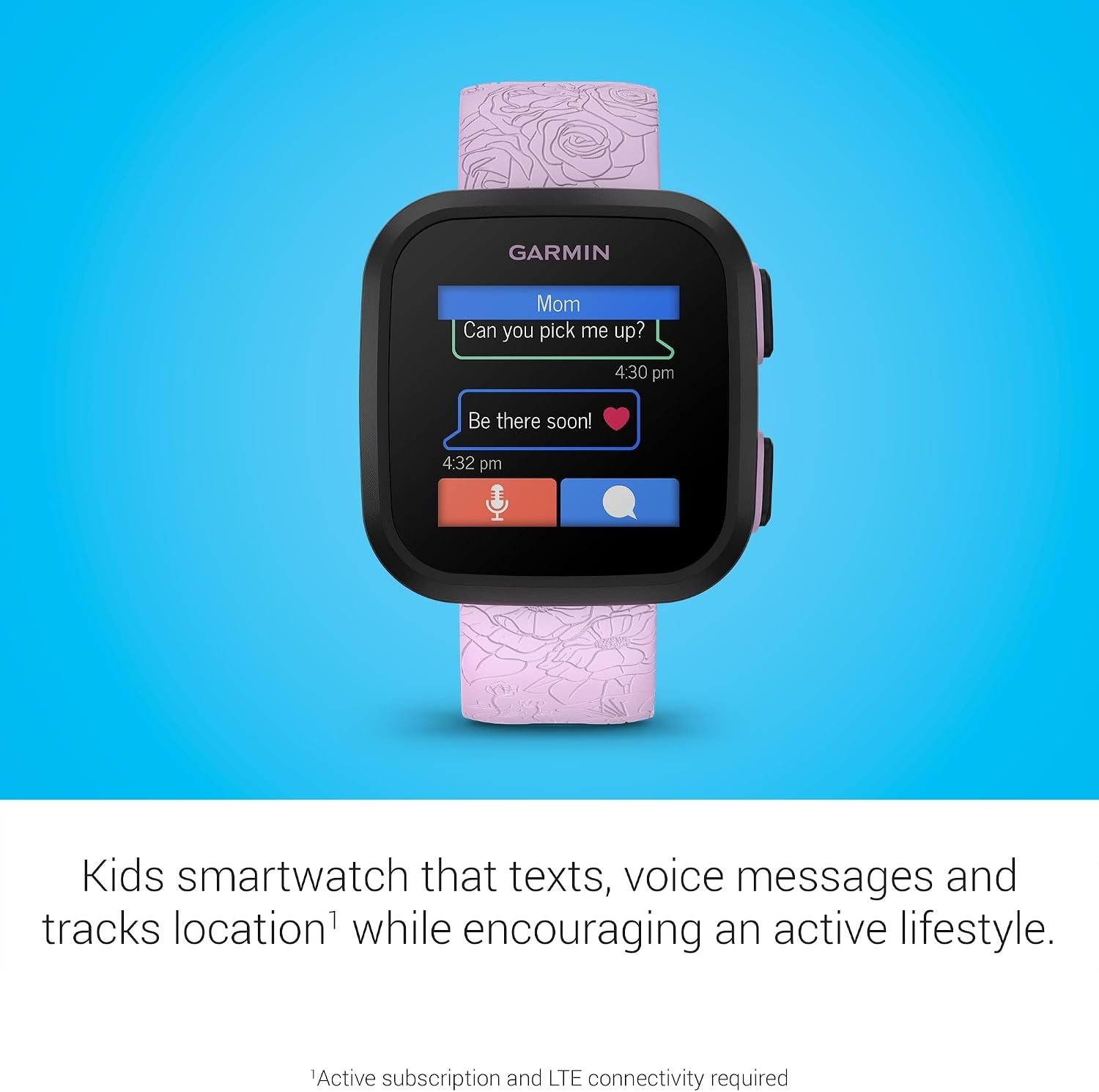 image:imageGarmin Bounce Kids Smartwatch TwoWay Text and Voice Messaging Location Tracking Green Burst RealTime GPS Tracking LTE Subscription Required Up to 2 Days Battery 5 AtmRatedPurple