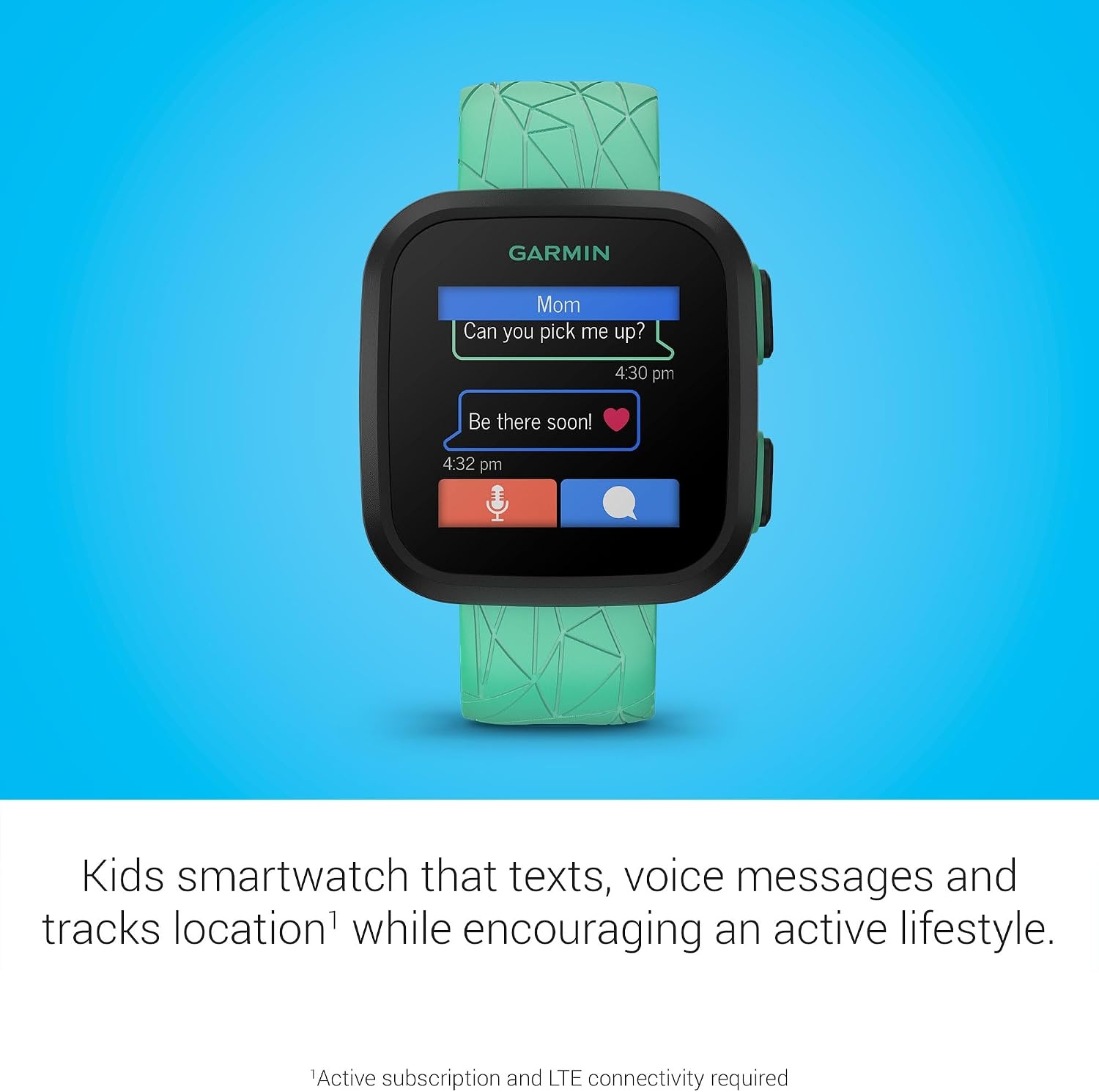 image:imageGarmin Bounce Kids Smartwatch TwoWay Text and Voice Messaging Location Tracking Green Burst RealTime GPS Tracking LTE Subscription Required Up to 2 Days Battery 5 AtmRatedGreen