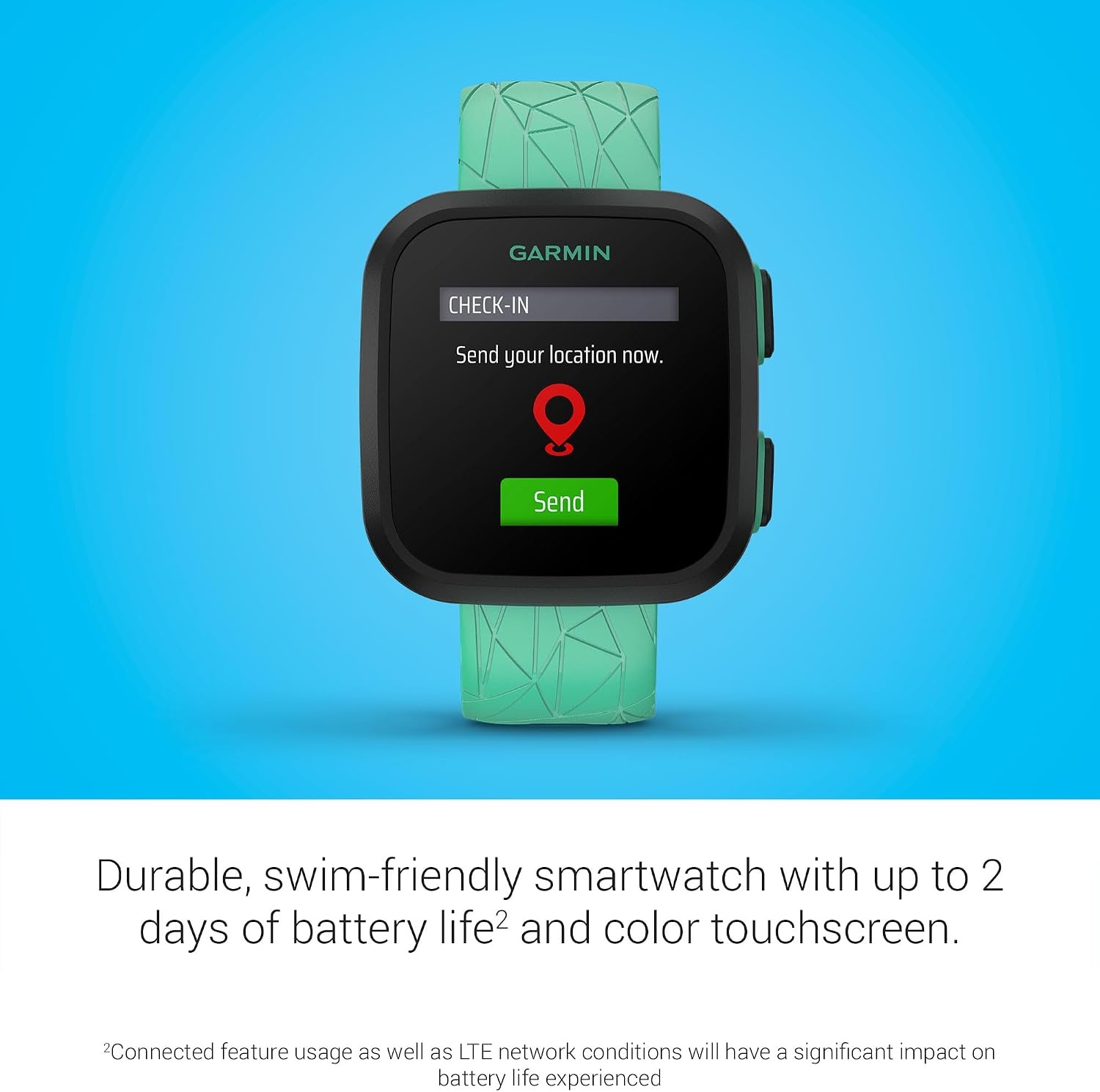 image:imageGarmin Bounce Kids Smartwatch TwoWay Text and Voice Messaging Location Tracking Green Burst RealTime GPS Tracking LTE Subscription Required Up to 2 Days Battery 5 AtmRatedGreen