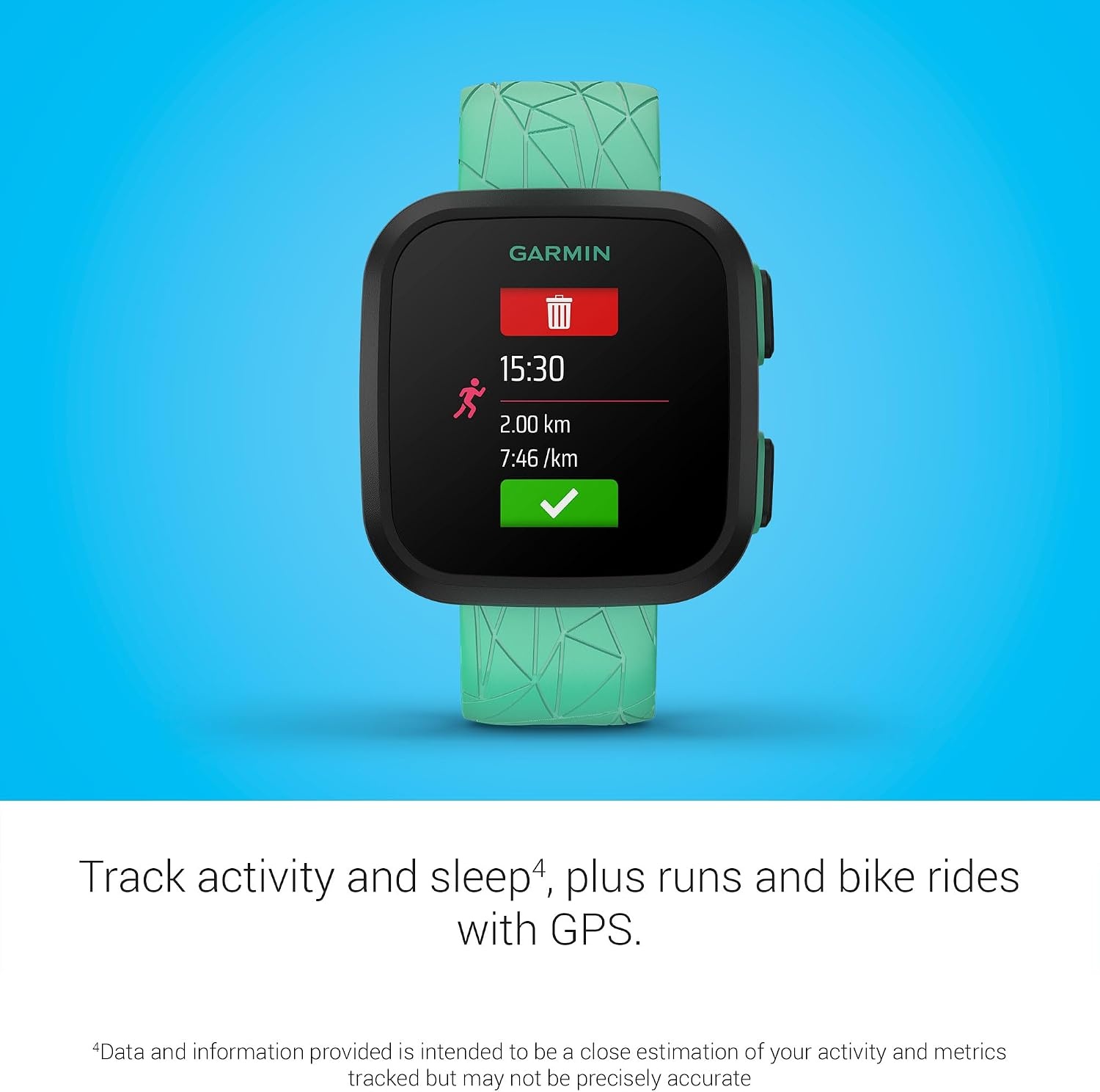 image:imageGarmin Bounce Kids Smartwatch TwoWay Text and Voice Messaging Location Tracking Green Burst RealTime GPS Tracking LTE Subscription Required Up to 2 Days Battery 5 AtmRatedGreen