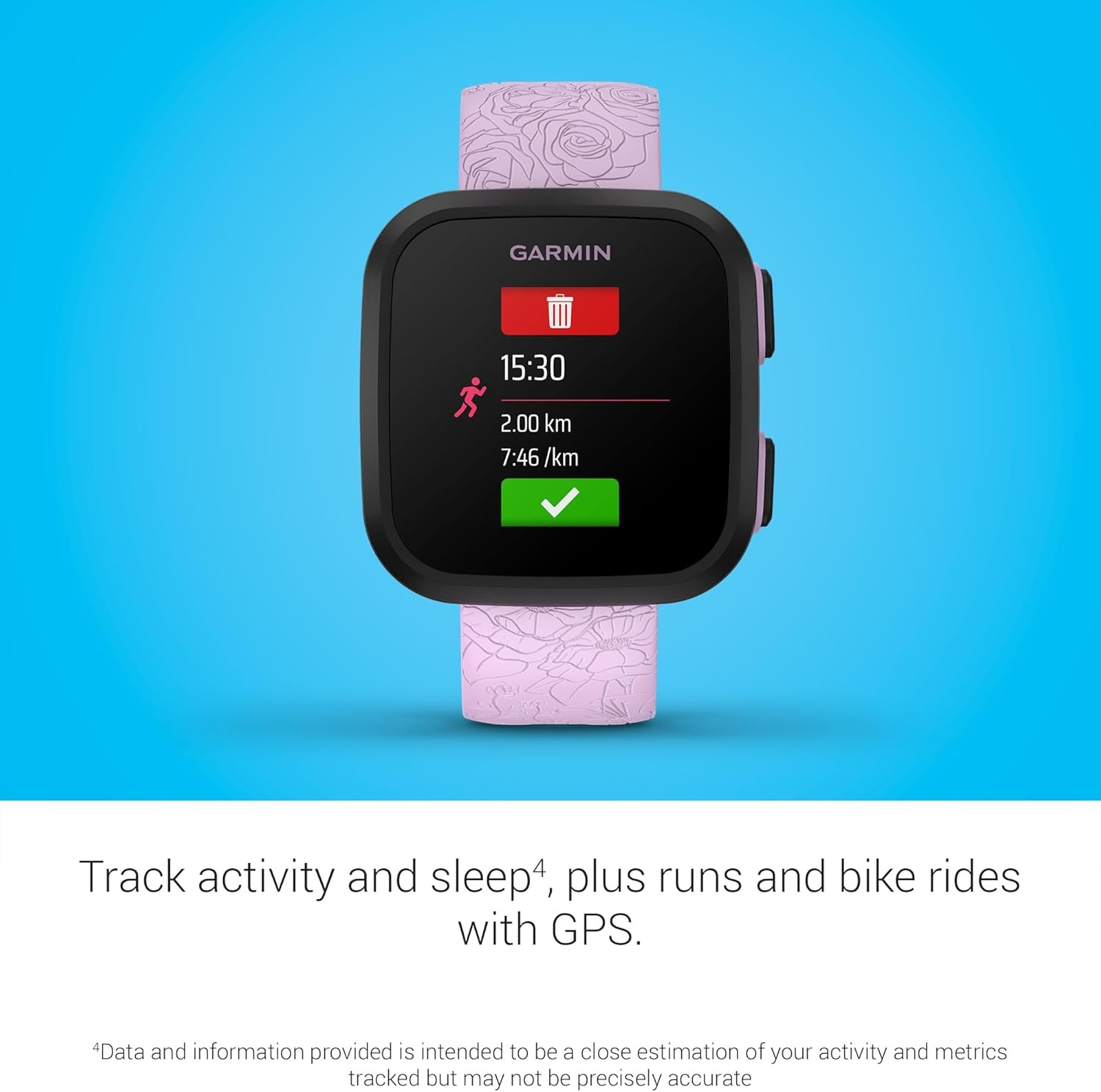 image:imageGarmin Bounce Kids Smartwatch TwoWay Text and Voice Messaging Location Tracking Green Burst RealTime GPS Tracking LTE Subscription Required Up to 2 Days Battery 5 AtmRatedPurple