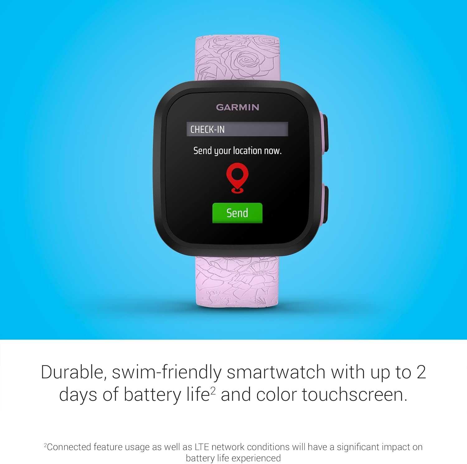 image:imageGarmin Bounce Kids Smartwatch TwoWay Text and Voice Messaging Location Tracking Green Burst RealTime GPS Tracking LTE Subscription Required Up to 2 Days Battery 5 AtmRatedPurple