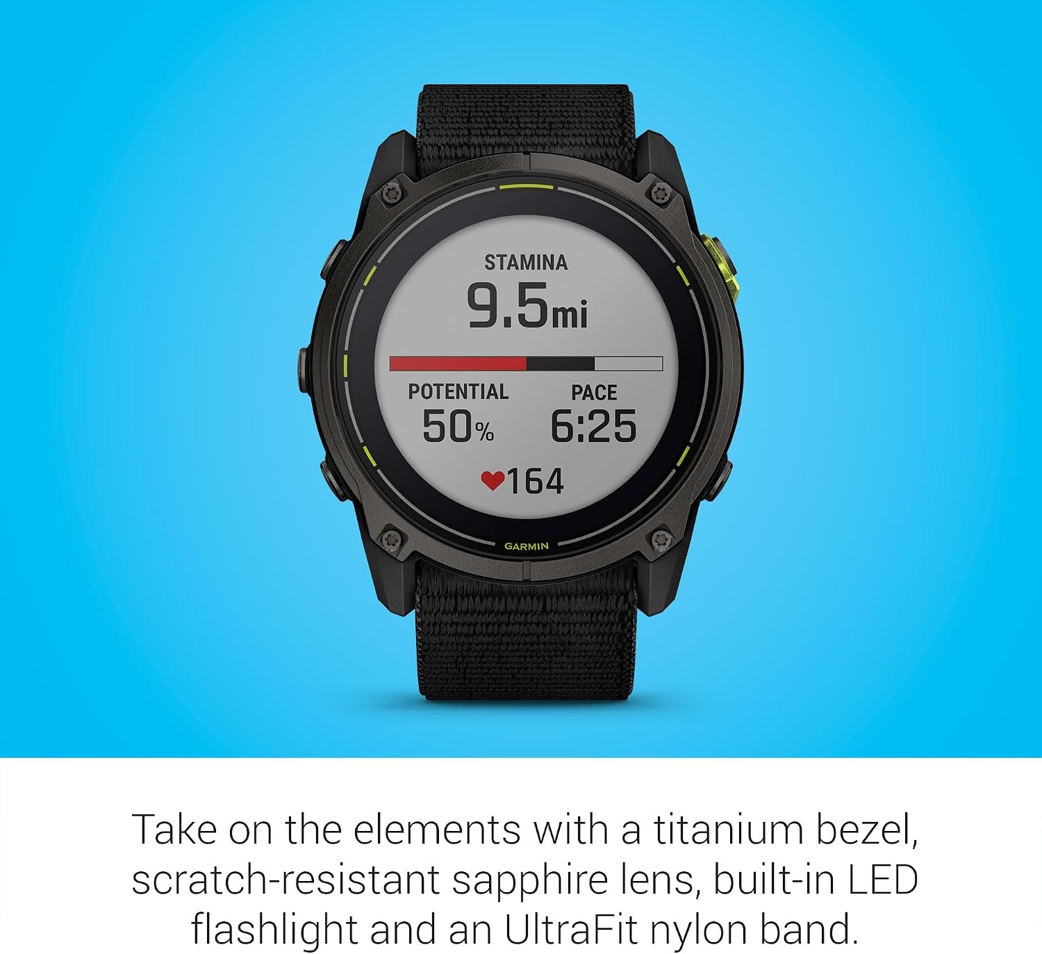 image:imageGarmin Enduro 3 51 mm Solar Sapphire Ultraperformance GPS Smartwatch Extreme Battery Life Detailed Mapping Builtin LED Flashlight Carbon Gray DLC Titanium with Black UltraFit Nylon Strap Verified Features 51 Mm Power Sapphire Lens Carbon Gray Dlc Titanium Bezel Builtin LED Flashlight Ultrafit Nylon Strap
