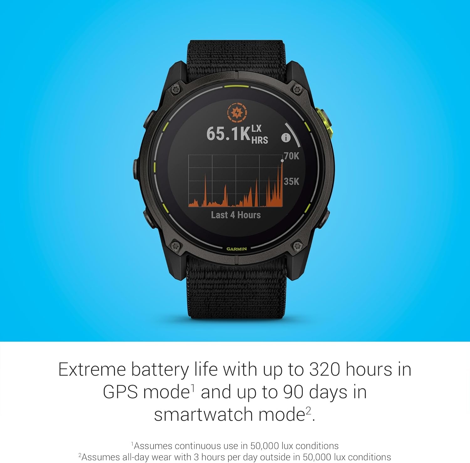 image:imageGarmin Enduro 3 51 mm Solar Sapphire Ultraperformance GPS Smartwatch Extreme Battery Life Detailed Mapping Builtin LED Flashlight Carbon Gray DLC Titanium with Black UltraFit Nylon Strap Verified Features 51 Mm Power Sapphire Lens Carbon Gray Dlc Titanium Bezel Builtin LED Flashlight Ultrafit Nylon Strap