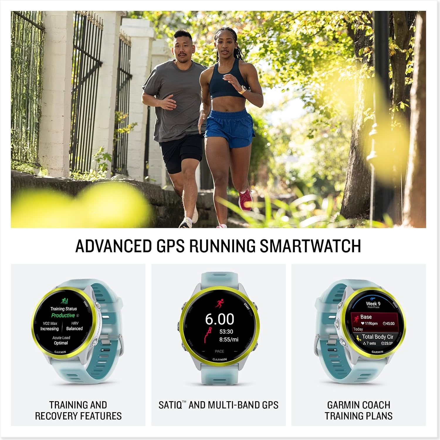 image:imageGarmin Forerunner 570 42mm Advanced GPS Running and Triathlon Smartwatch AMOLED Display Training and Recovery Features Slate Gray Aluminum with Translucent BlackBlack Band 12 Amoled MultiGnss GPS with Satiq Training Recovery and Multisport and Triathlon Support Slate Gray Aluminum CaseAmp Yellow with Whitestone