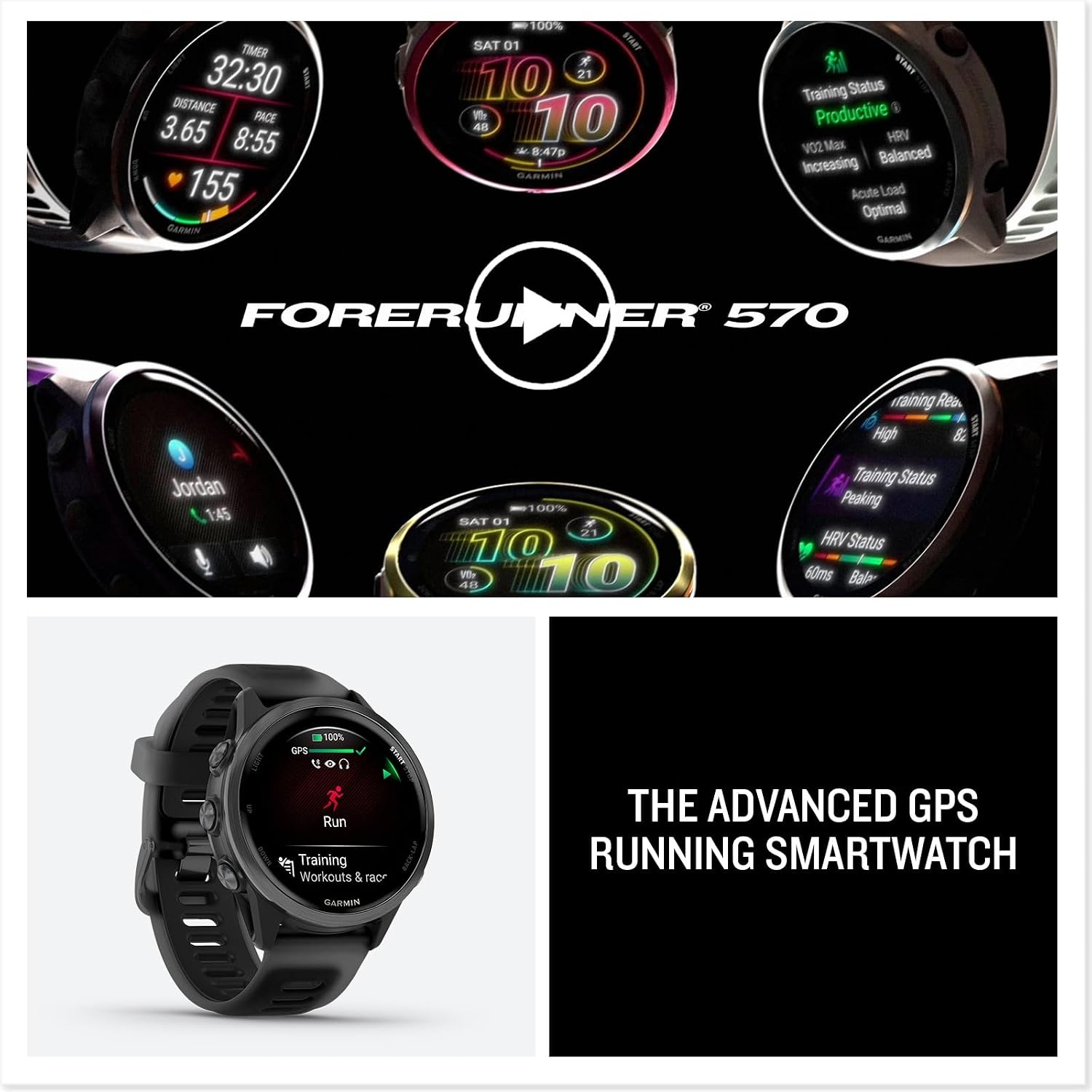 image:imageGarmin Forerunner 570 42mm Advanced GPS Running and Triathlon Smartwatch AMOLED Display Training and Recovery Features Slate Gray Aluminum with Translucent BlackBlack Band 12 Amoled MultiGnss GPS with Satiq Training Recovery and Multisport and Triathlon Support Slate Gray Aluminum CaseSlate with Black Band