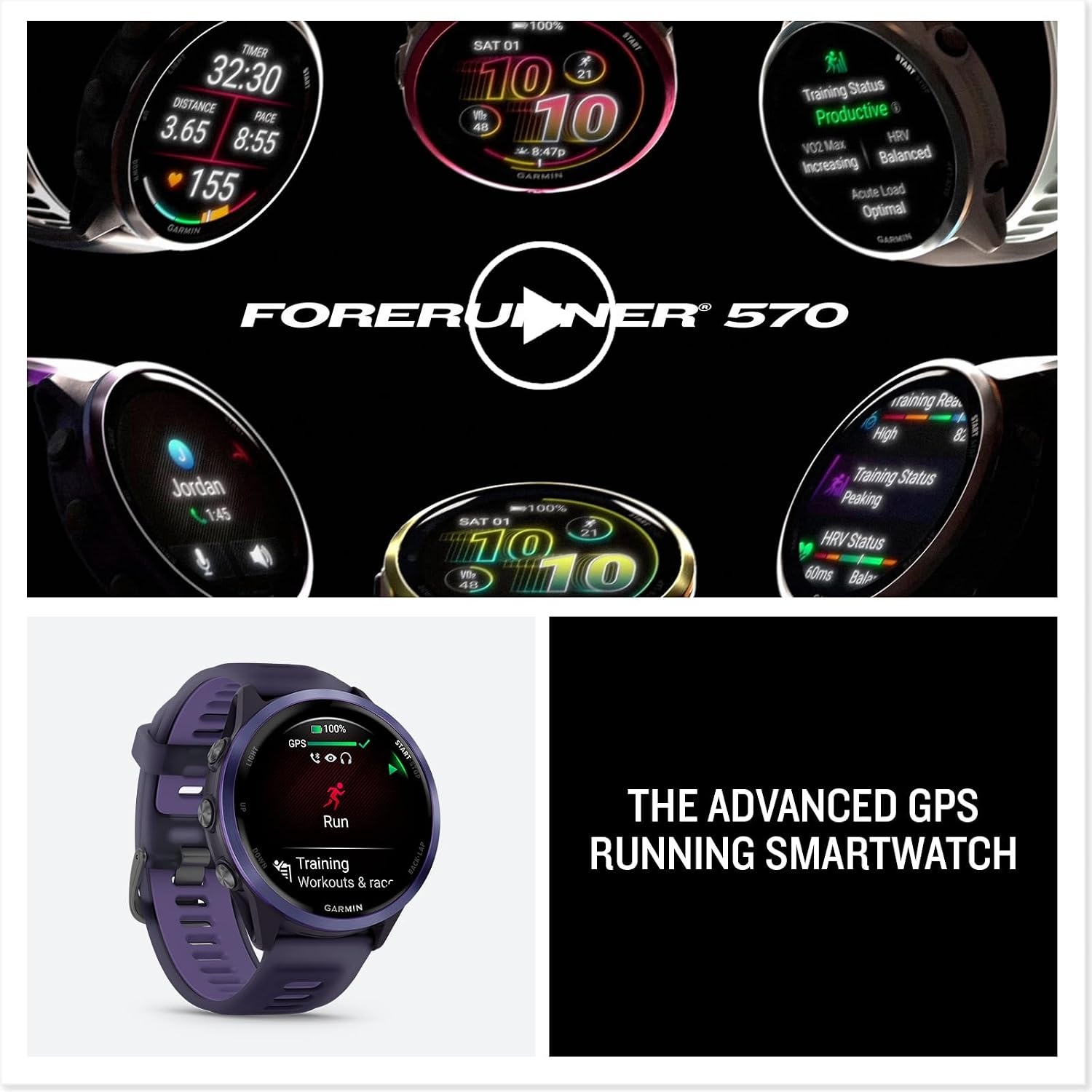 image:imageGarmin Forerunner 570 42mm Advanced GPS Running and Triathlon Smartwatch AMOLED Display Training and Recovery Features Slate Gray Aluminum with Translucent BlackBlack Band 12 Amoled MultiGnss GPS with Satiq Training Recovery and Multisport and Triathlon Support Slate Gray Aluminum CaseIndigo Purple