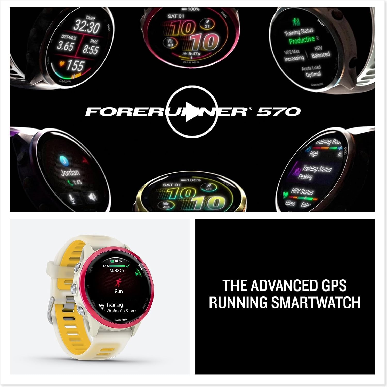 image:imageGarmin Forerunner 570 42mm Advanced GPS Running and Triathlon Smartwatch AMOLED Display Training and Recovery Features Slate Gray Aluminum with Translucent BlackBlack Band 12 Amoled MultiGnss GPS with Satiq Training Recovery and Multisport and Triathlon Support Slate Gray Aluminum CaseRaspberry with BoneMango
