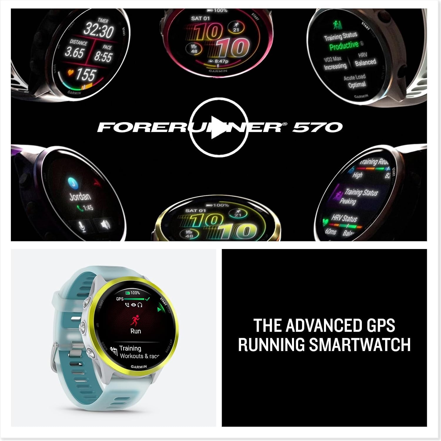 image:imageGarmin Forerunner 570 42mm Advanced GPS Running and Triathlon Smartwatch AMOLED Display Training and Recovery Features Slate Gray Aluminum with Translucent BlackBlack Band 12 Amoled MultiGnss GPS with Satiq Training Recovery and Multisport and Triathlon Support Slate Gray Aluminum CaseAmp Yellow with Whitestone