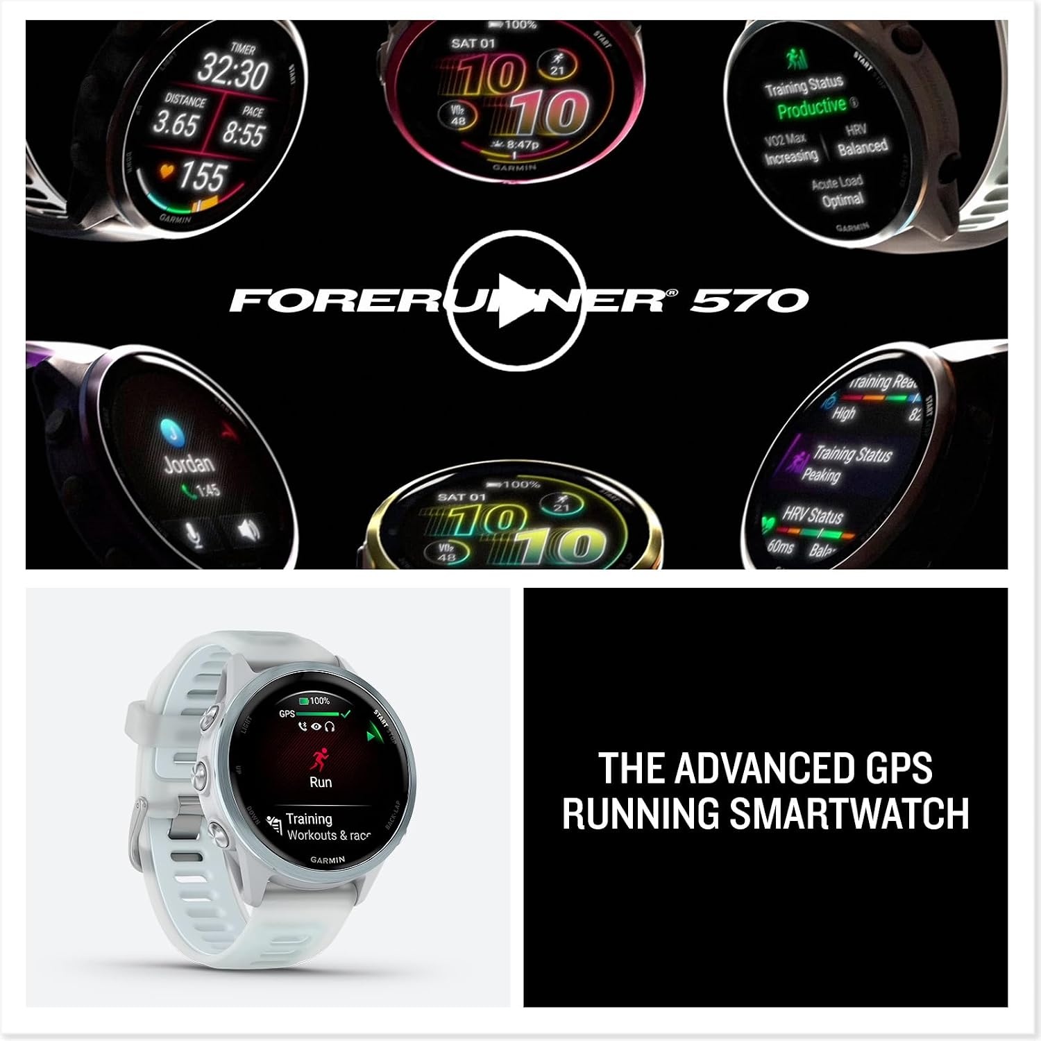 image:imageGarmin Forerunner 570 42mm Advanced GPS Running and Triathlon Smartwatch AMOLED Display Training and Recovery Features Slate Gray Aluminum with Translucent BlackBlack Band 12 Amoled MultiGnss GPS with Satiq Training Recovery and Multisport and Triathlon Support Slate Gray Aluminum CaseCloud Blue with Whitestone