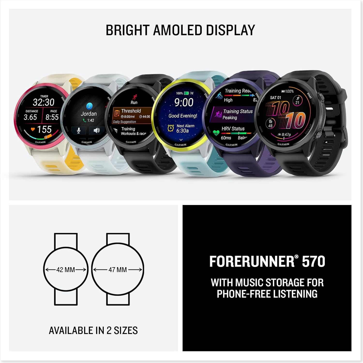 image:imageGarmin Forerunner 570 42mm Advanced GPS Running and Triathlon Smartwatch AMOLED Display Training and Recovery Features Slate Gray Aluminum with Translucent BlackBlack Band 12 Amoled MultiGnss GPS with Satiq Training Recovery and Multisport and Triathlon Support Slate Gray Aluminum CaseAmp Yellow with Whitestone