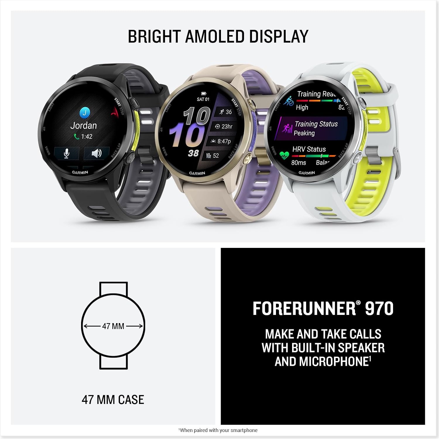 image:imageGarmin Forerunner 970 Premium GPS Running and Triathlon Smartwatch AMOLED Display Builtin LED Flashlight Carbon Gray DLC Titanium with Black Case and Translucent Whitestone Band 14 Amoled Builtin LED Flashlight Titanium Bezel and Sapphire Lens MultiBand GPS with Maps Up to 15 Days SmartwatchWhitestone with Amp Yellow