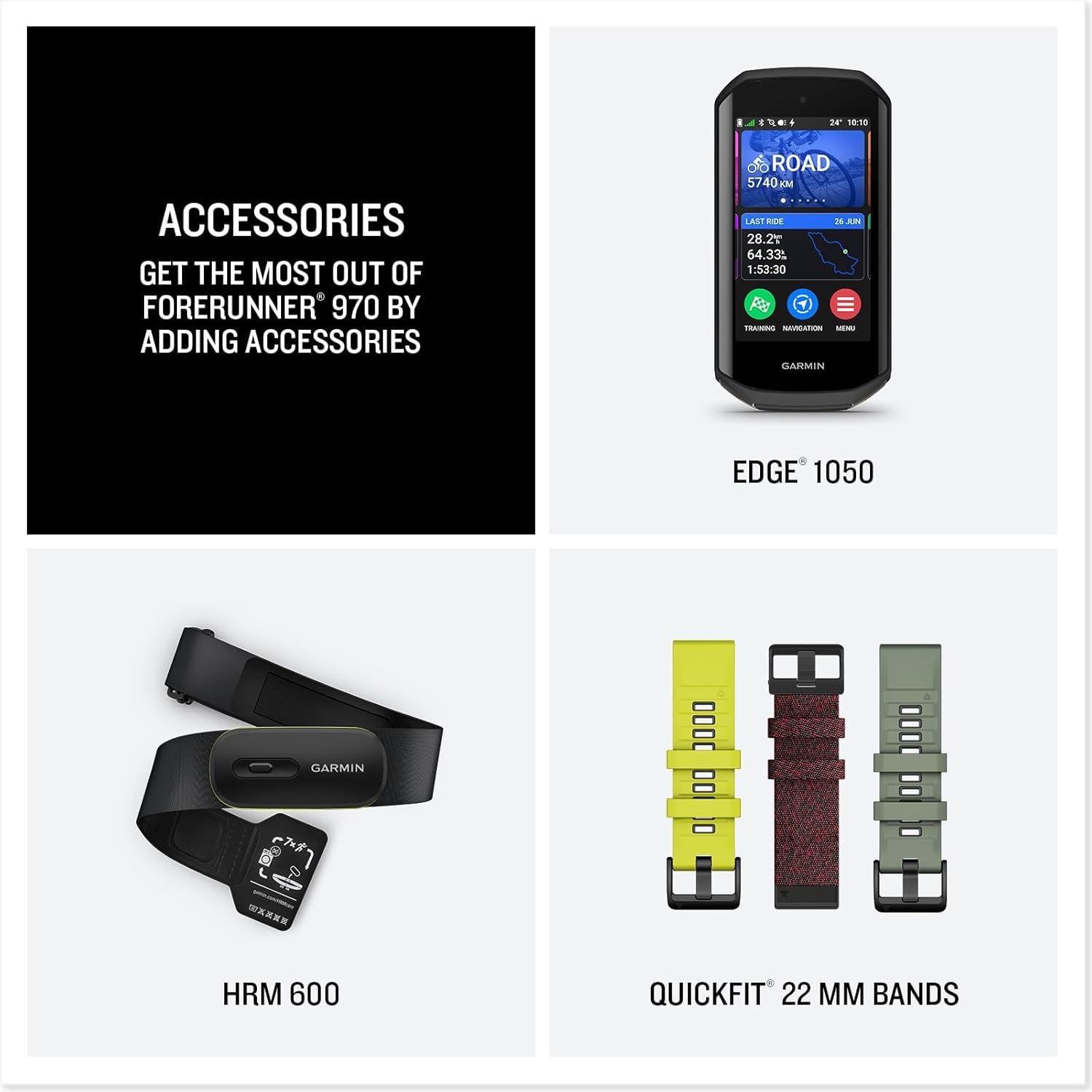 image:imageGarmin Forerunner 970 Premium GPS Running and Triathlon Smartwatch AMOLED Display Builtin LED Flashlight Carbon Gray DLC Titanium with Black Case and Translucent Whitestone Band 14 Amoled Builtin LED Flashlight Titanium Bezel and Sapphire Lens MultiBand GPS with Maps Up to 15 Days SmartwatchWhitestone with Amp Yellow