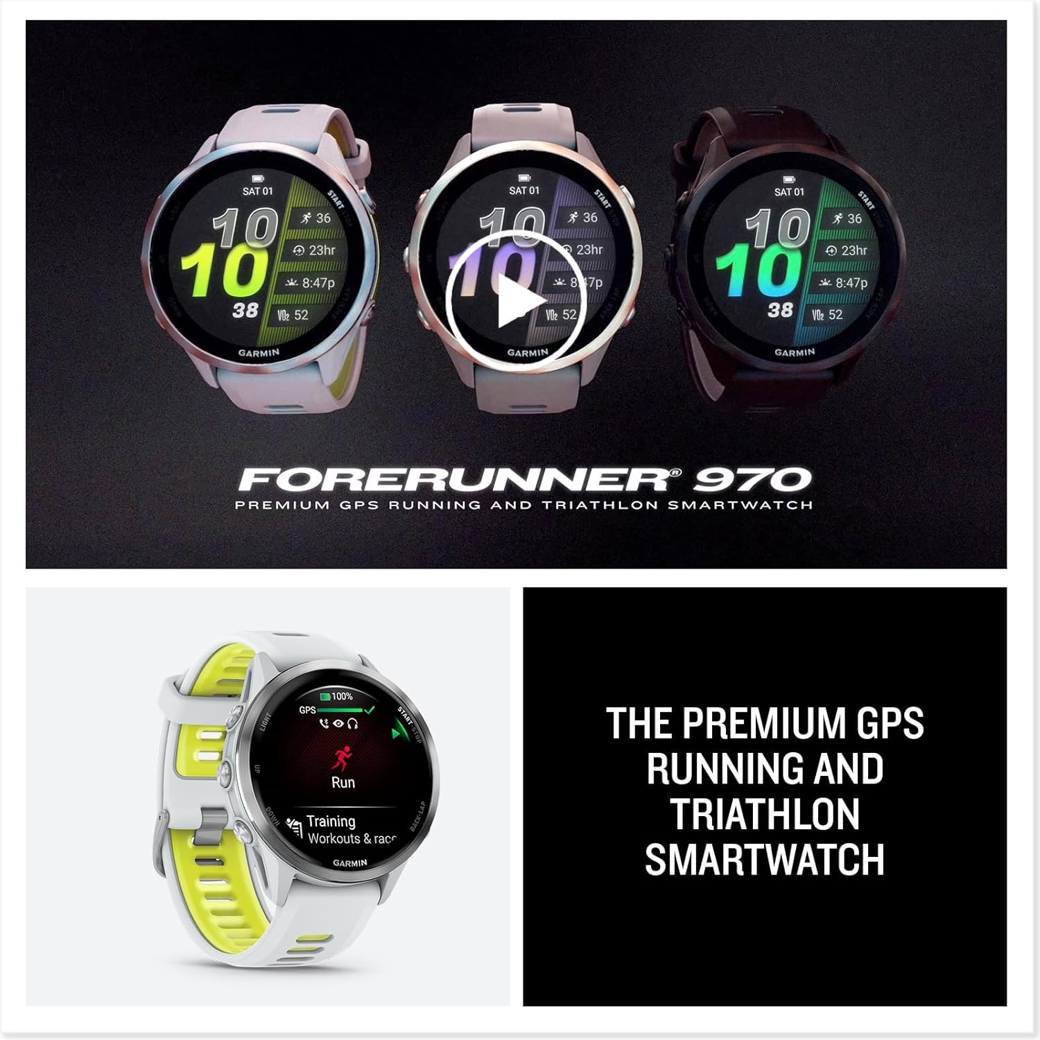 image:imageGarmin Forerunner 970 Premium GPS Running and Triathlon Smartwatch AMOLED Display Builtin LED Flashlight Carbon Gray DLC Titanium with Black Case and Translucent Whitestone Band 14 Amoled Builtin LED Flashlight Titanium Bezel and Sapphire Lens MultiBand GPS with Maps Up to 15 Days SmartwatchWhitestone with Amp Yellow