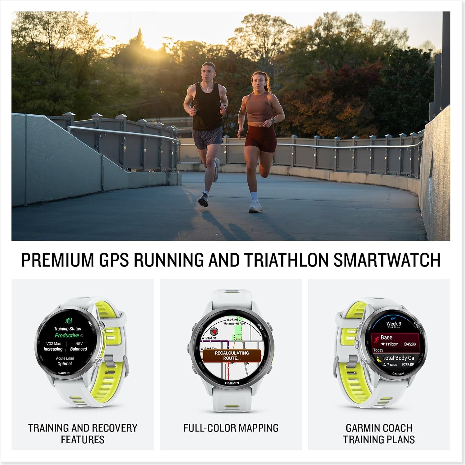image:imageGarmin Forerunner 970 Premium GPS Running and Triathlon Smartwatch AMOLED Display Builtin LED Flashlight Carbon Gray DLC Titanium with Black Case and Translucent Whitestone Band 14 Amoled Builtin LED Flashlight Titanium Bezel and Sapphire Lens MultiBand GPS with Maps Up to 15 Days SmartwatchWhitestone with Amp Yellow