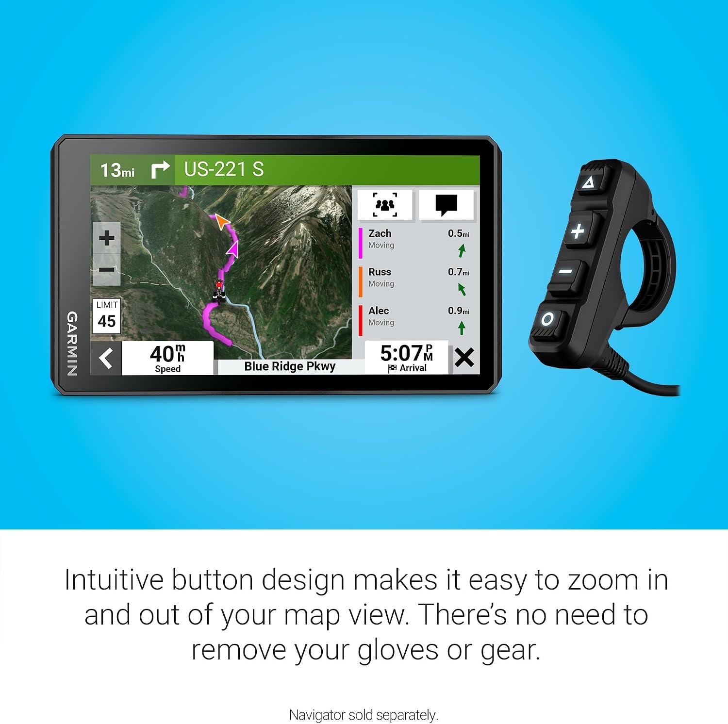 image:imageGarmin Handlebar Controller for Use on Snowmobile Motorcycle or ATV Control Your zmo XT2 Motorcycle Navigator or Compatible Tread Device Zoom in and Out of Maps Control Music Mark Waypoints Change Map Layers Control Music and Mark Waypoints IP67 Water and Dust Resistance Includes Mounting Bushings for 22 Mm