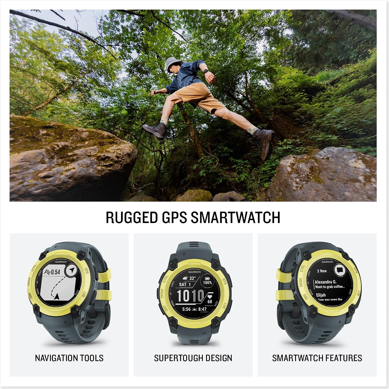 image:imageGarmin Instinct 3 45mm AMOLED Display Rugged Outdoor GPS Smartwatch MetalReinforced Bezel Builtin Flashlight Up to 18 Days of Battery Life Black 45mm Amoled 12 Display MetalReinforced Bezel Builtin Flashlight Up to 18 Days Battery MultiBand GPS 10 AtmElectric LimeTwilight