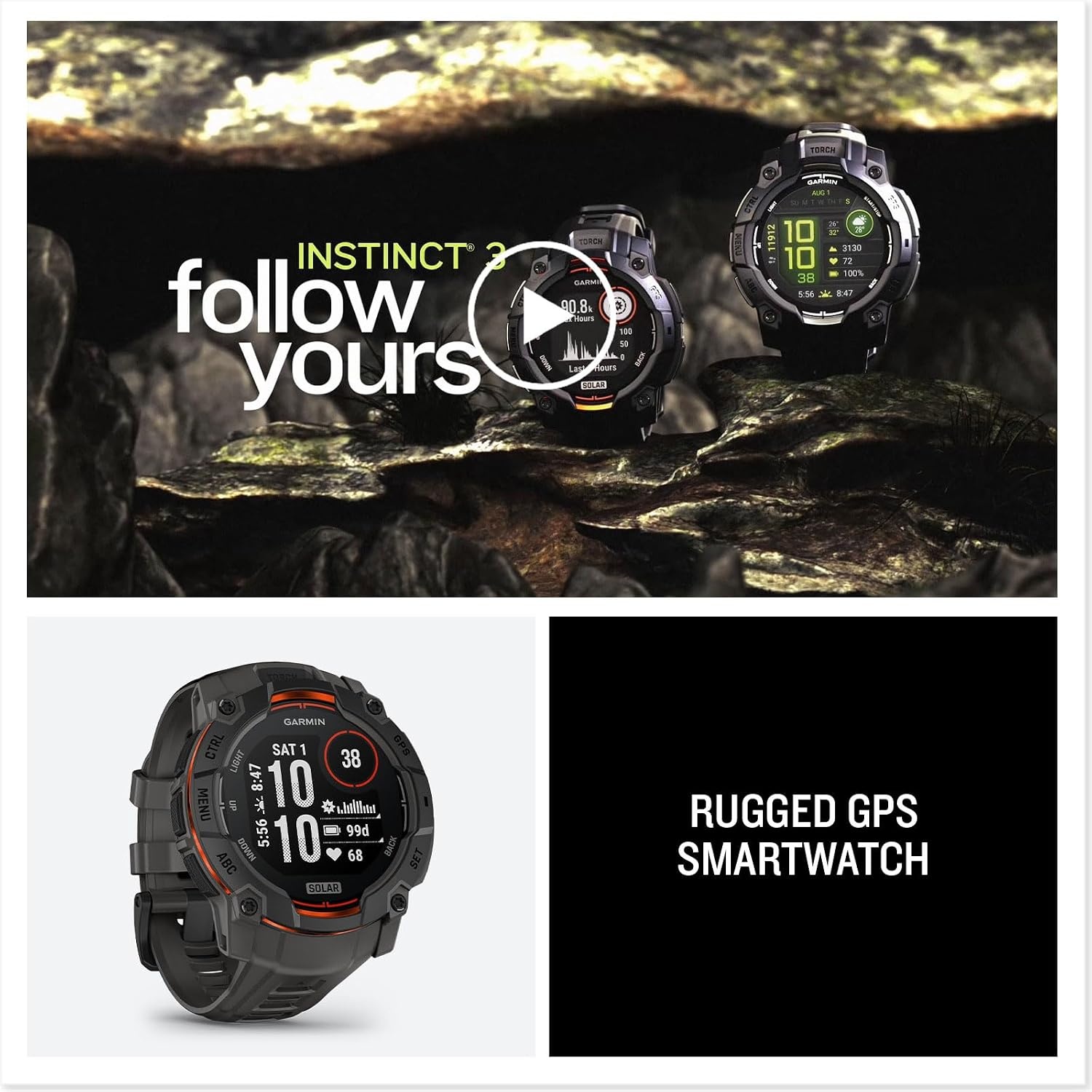 image:imageGarmin Instinct 3 45mm AMOLED Display Rugged Outdoor GPS Smartwatch MetalReinforced Bezel Builtin Flashlight Up to 18 Days of Battery Life Black 45mm Amoled 12 Display MetalReinforced Bezel Builtin Flashlight Up to 18 Days Battery MultiBand GPS 10 AtmSolar Charcoal