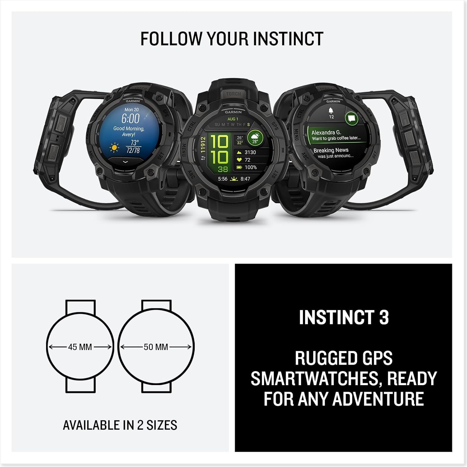 image:imageGarmin Instinct 3 45mm AMOLED Display Rugged Outdoor GPS Smartwatch MetalReinforced Bezel Builtin Flashlight Up to 18 Days of Battery Life Black 45mm Amoled 12 Display MetalReinforced Bezel Builtin Flashlight Up to 18 Days Battery MultiBand GPS 10 AtmAMOLED Black