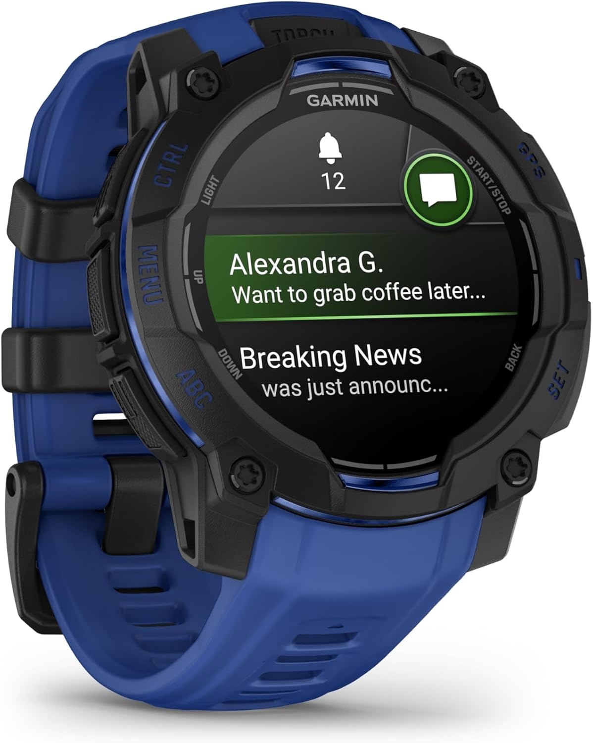 image:imageGarmin Instinct 3 45mm AMOLED Display Rugged Outdoor GPS Smartwatch MetalReinforced Bezel Builtin Flashlight Up to 18 Days of Battery Life Black 45mm Amoled 12 Display MetalReinforced Bezel Builtin Flashlight Up to 18 Days Battery MultiBand GPS 10 AtmBlack with Bolt Blue