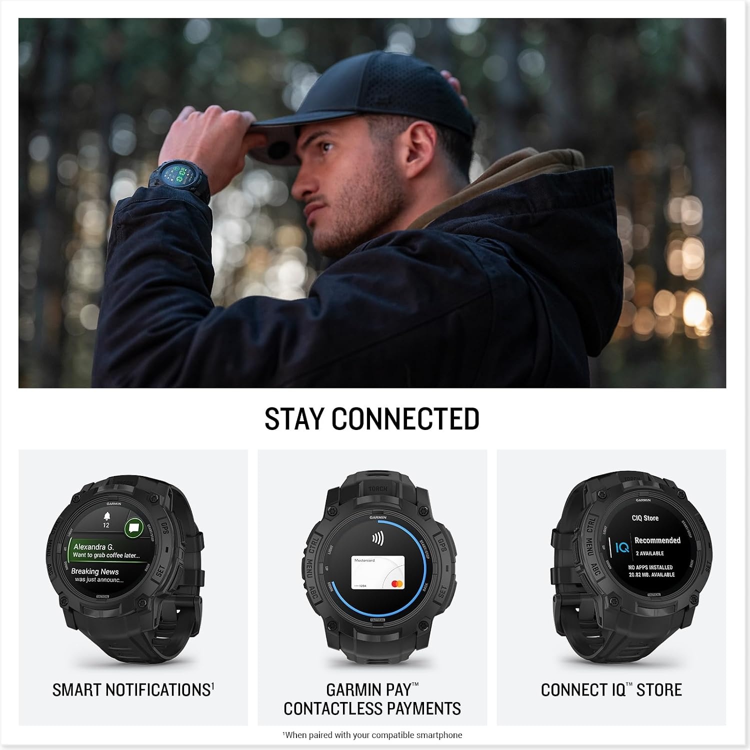 image:imageGarmin Instinct 3 45mm AMOLED Display Rugged Outdoor GPS Smartwatch MetalReinforced Bezel Builtin Flashlight Up to 18 Days of Battery Life Black 45mm Amoled 12 Display MetalReinforced Bezel Builtin Flashlight Up to 18 Days Battery MultiBand GPS 10 AtmBlack with Black Band