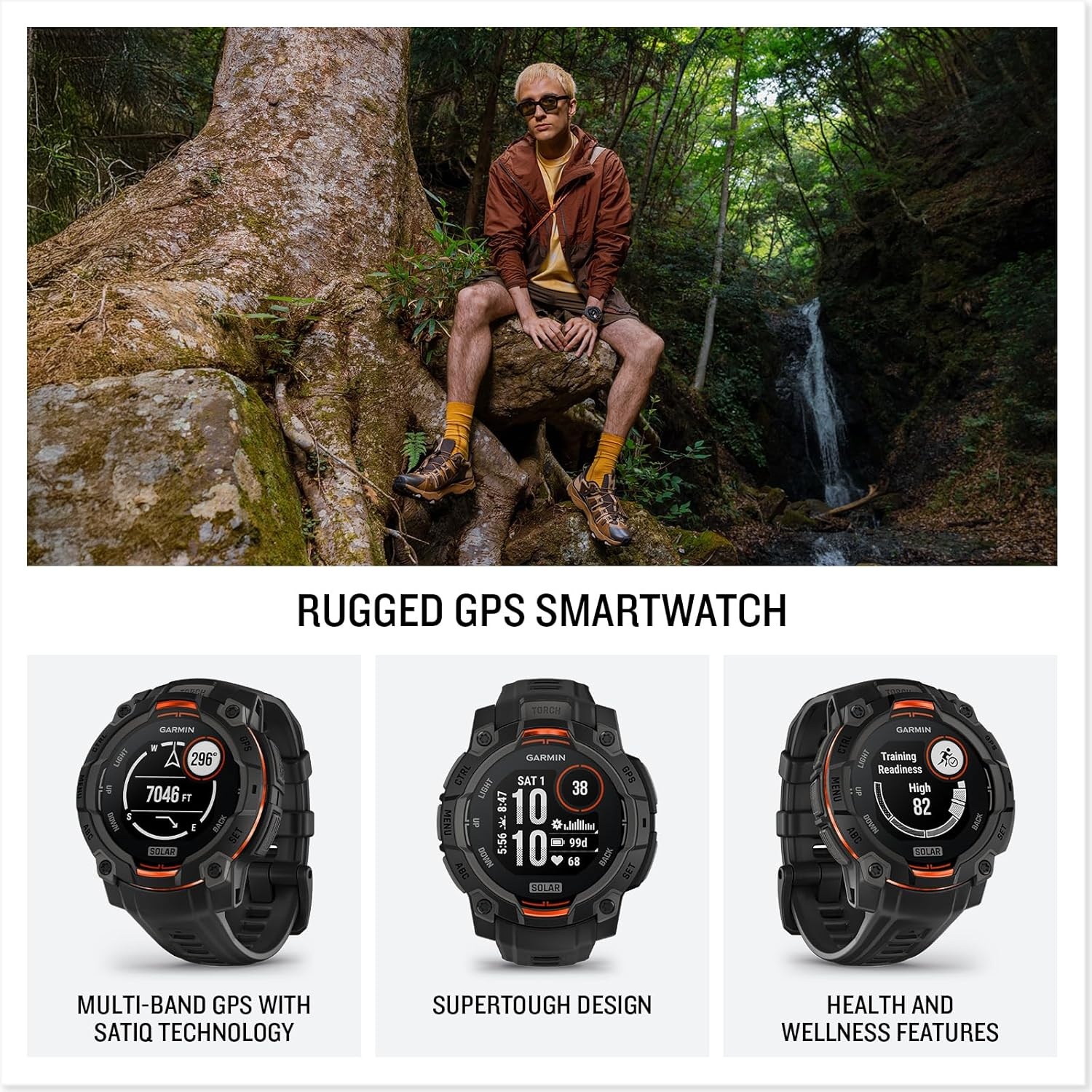 image:imageGarmin Instinct 3 45mm AMOLED Display Rugged Outdoor GPS Smartwatch MetalReinforced Bezel Builtin Flashlight Up to 18 Days of Battery Life Black 45mm Amoled 12 Display MetalReinforced Bezel Builtin Flashlight Up to 18 Days Battery MultiBand GPS 10 AtmSolar Black