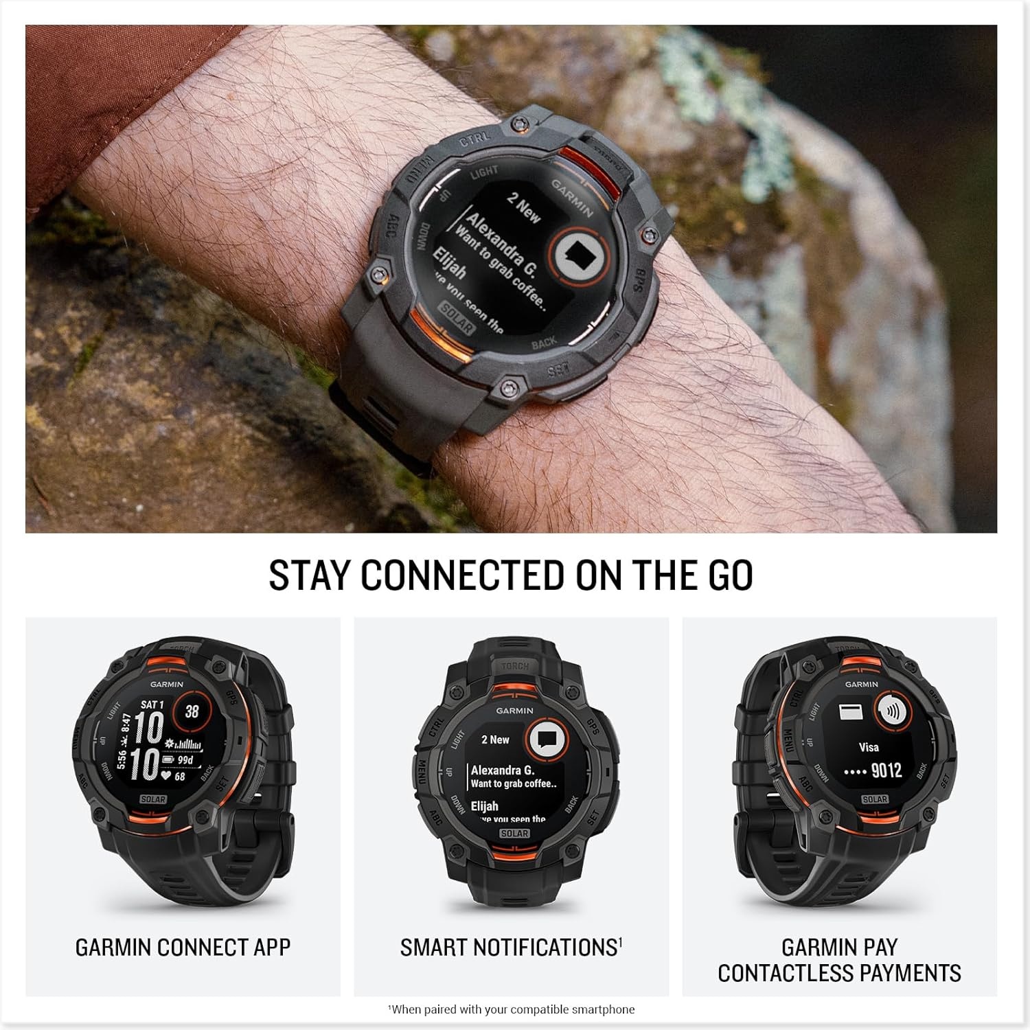 image:imageGarmin Instinct 3 45mm AMOLED Display Rugged Outdoor GPS Smartwatch MetalReinforced Bezel Builtin Flashlight Up to 18 Days of Battery Life Black 45mm Amoled 12 Display MetalReinforced Bezel Builtin Flashlight Up to 18 Days Battery MultiBand GPS 10 AtmSolar Black