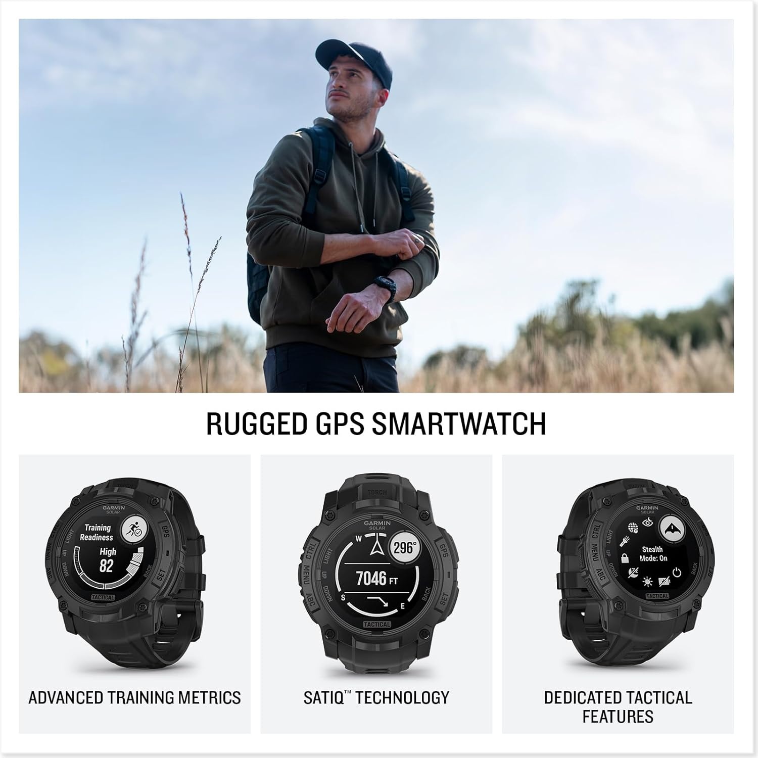 image:imageGarmin Instinct 3 45mm AMOLED Display Rugged Outdoor GPS Smartwatch MetalReinforced Bezel Builtin Flashlight Up to 18 Days of Battery Life Black 45mm Amoled 12 Display MetalReinforced Bezel Builtin Flashlight Up to 18 Days Battery MultiBand GPS 10 AtmBlack