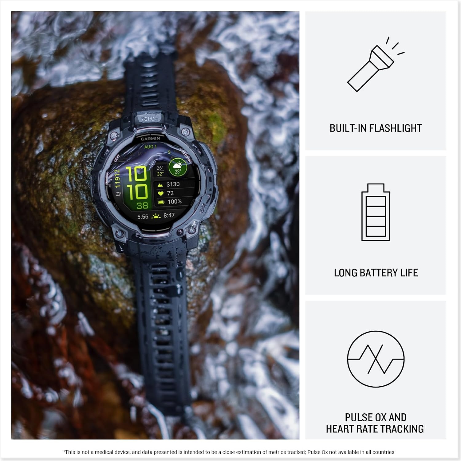 image:imageGarmin Instinct 3 45mm AMOLED Display Rugged Outdoor GPS Smartwatch MetalReinforced Bezel Builtin Flashlight Up to 18 Days of Battery Life Black 45mm Amoled 12 Display MetalReinforced Bezel Builtin Flashlight Up to 18 Days Battery MultiBand GPS 10 AtmAMOLED Black