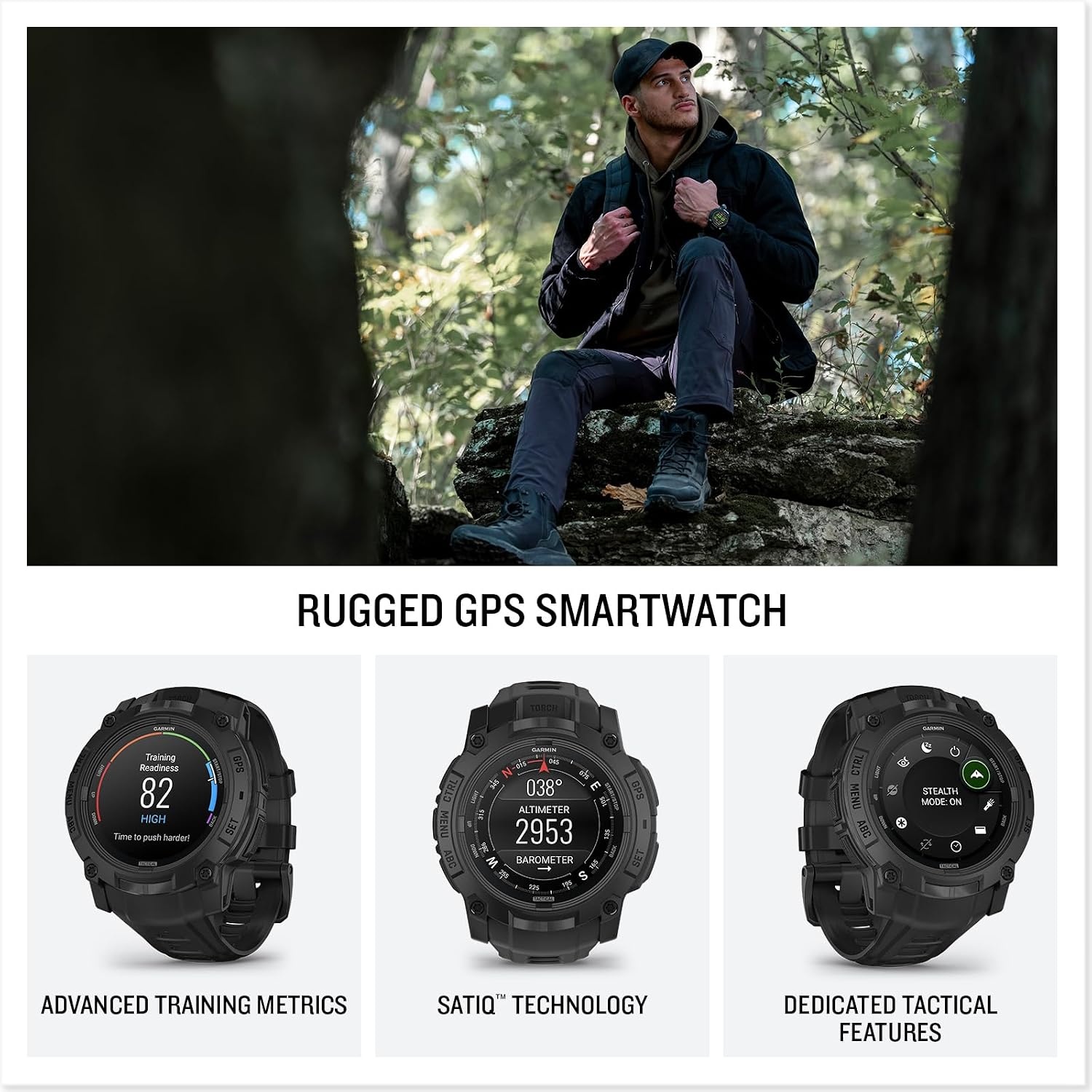 image:imageGarmin Instinct 3 45mm AMOLED Display Rugged Outdoor GPS Smartwatch MetalReinforced Bezel Builtin Flashlight Up to 18 Days of Battery Life Black 45mm Amoled 12 Display MetalReinforced Bezel Builtin Flashlight Up to 18 Days Battery MultiBand GPS 10 AtmBlack with Black Band