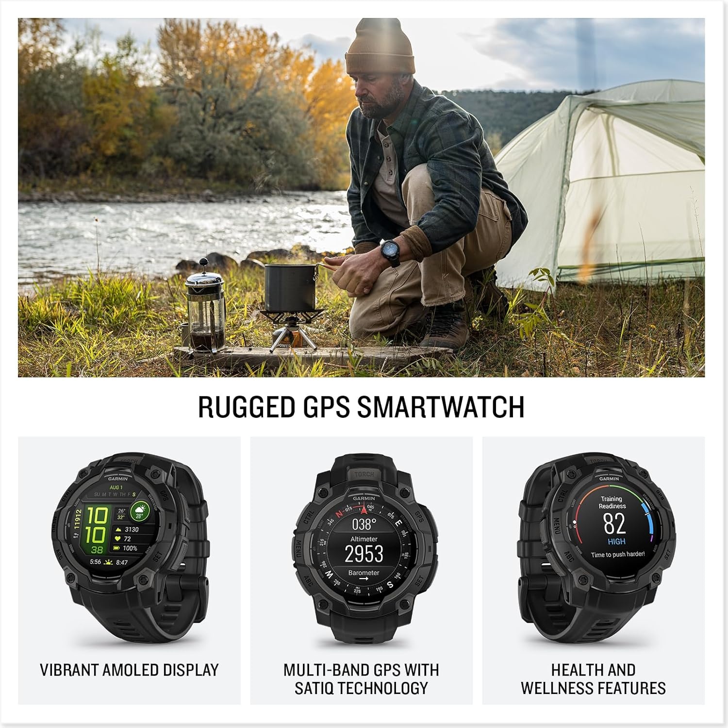 image:imageGarmin Instinct 3 45mm AMOLED Display Rugged Outdoor GPS Smartwatch MetalReinforced Bezel Builtin Flashlight Up to 18 Days of Battery Life Black 45mm Amoled 12 Display MetalReinforced Bezel Builtin Flashlight Up to 18 Days Battery MultiBand GPS 10 AtmAMOLED Black