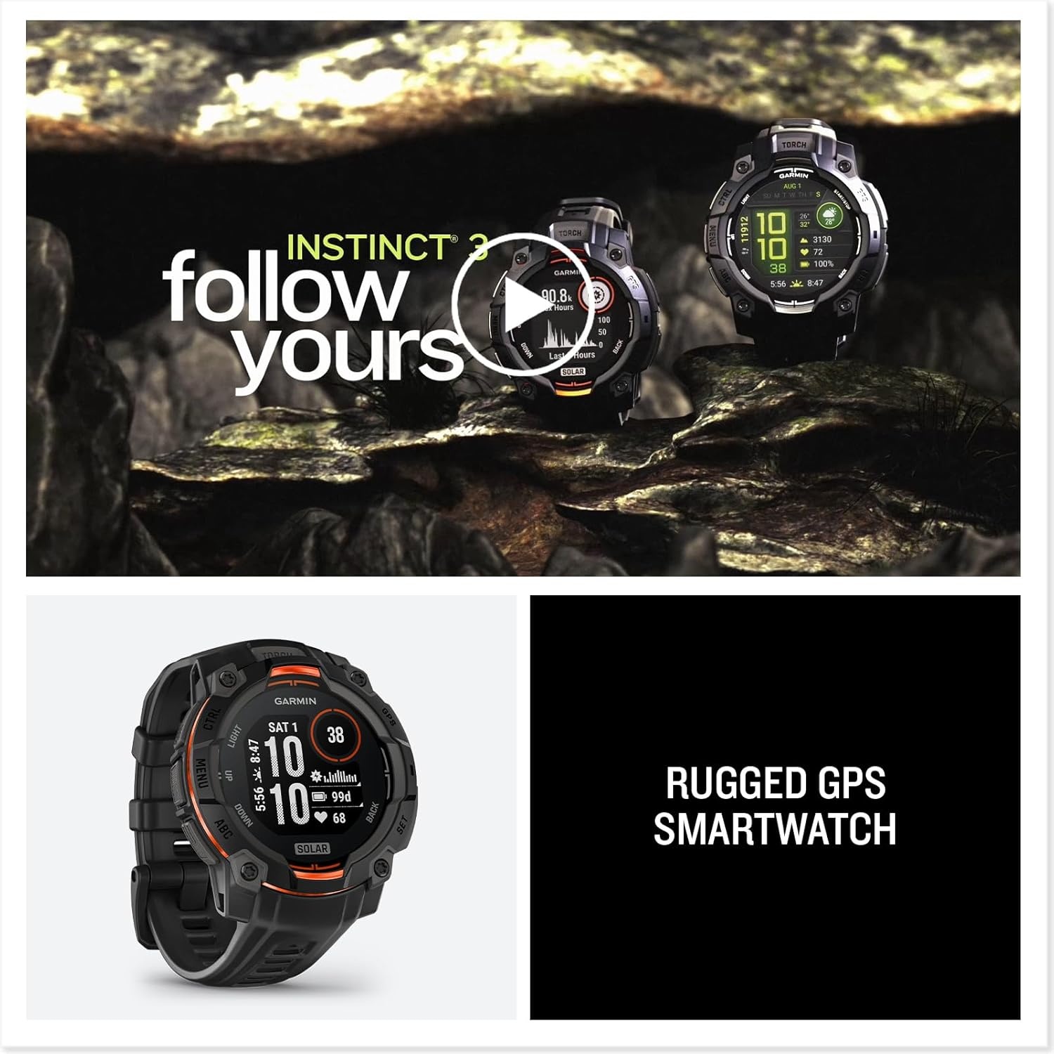 image:imageGarmin Instinct 3 45mm AMOLED Display Rugged Outdoor GPS Smartwatch MetalReinforced Bezel Builtin Flashlight Up to 18 Days of Battery Life Black 45mm Amoled 12 Display MetalReinforced Bezel Builtin Flashlight Up to 18 Days Battery MultiBand GPS 10 AtmSolar Black