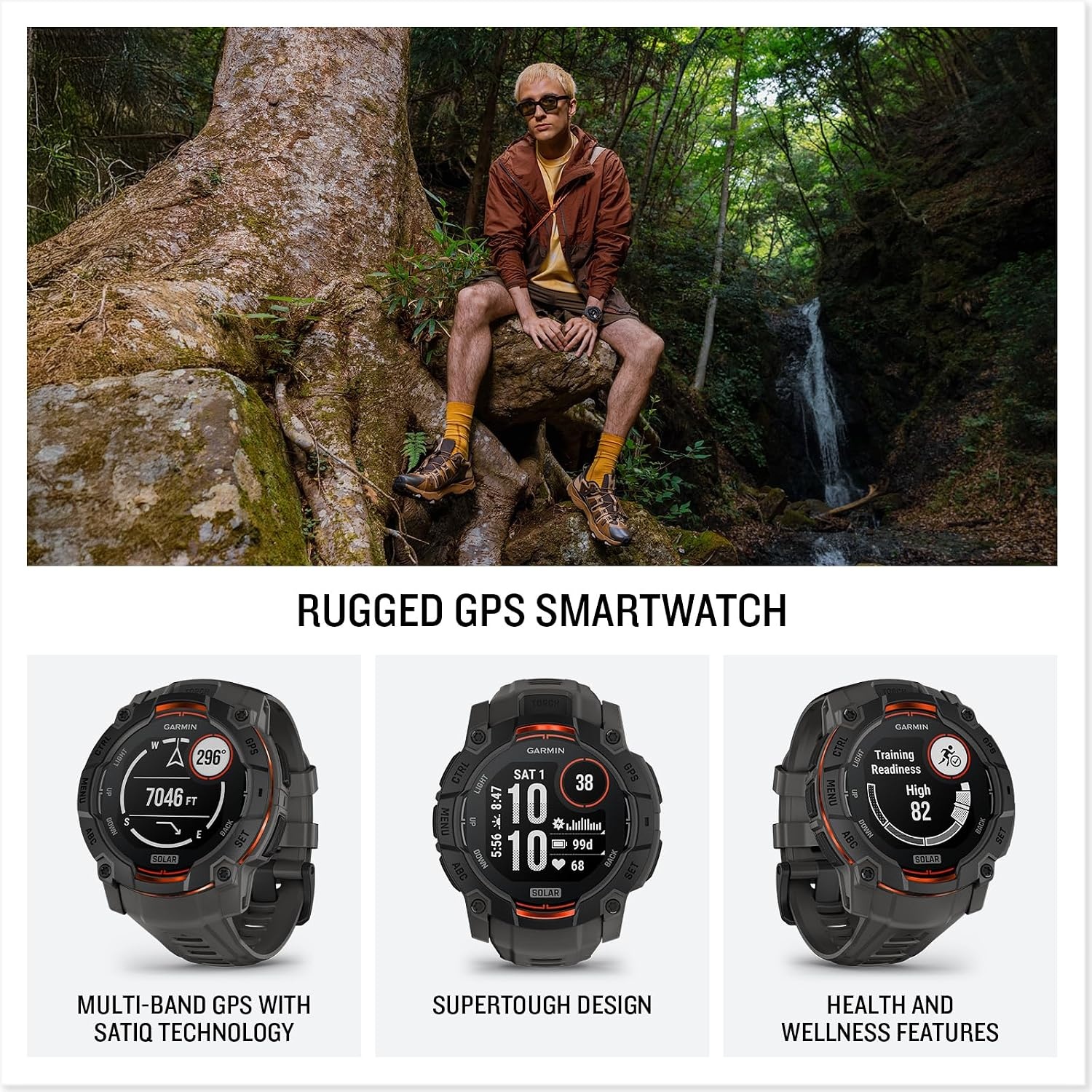 image:imageGarmin Instinct 3 45mm AMOLED Display Rugged Outdoor GPS Smartwatch MetalReinforced Bezel Builtin Flashlight Up to 18 Days of Battery Life Black 45mm Amoled 12 Display MetalReinforced Bezel Builtin Flashlight Up to 18 Days Battery MultiBand GPS 10 AtmSolar Charcoal