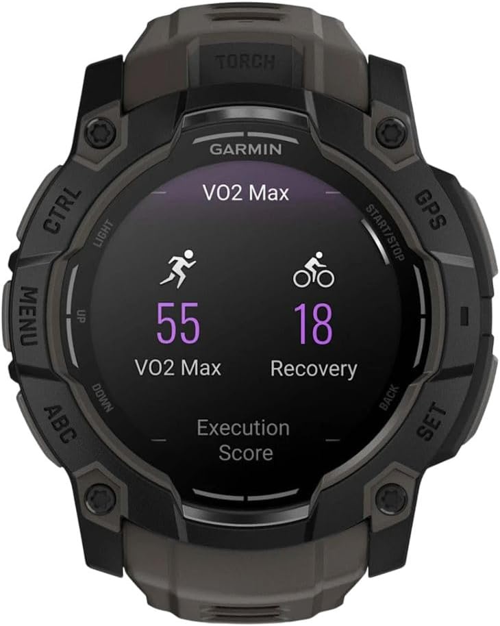 image:imageGarmin Instinct 3 45mm AMOLED Display Rugged Outdoor GPS Smartwatch MetalReinforced Bezel Builtin Flashlight Up to 18 Days of Battery Life Black 45mm Amoled 12 Display MetalReinforced Bezel Builtin Flashlight Up to 18 Days Battery MultiBand GPS 10 AtmAMOLED Charcoal