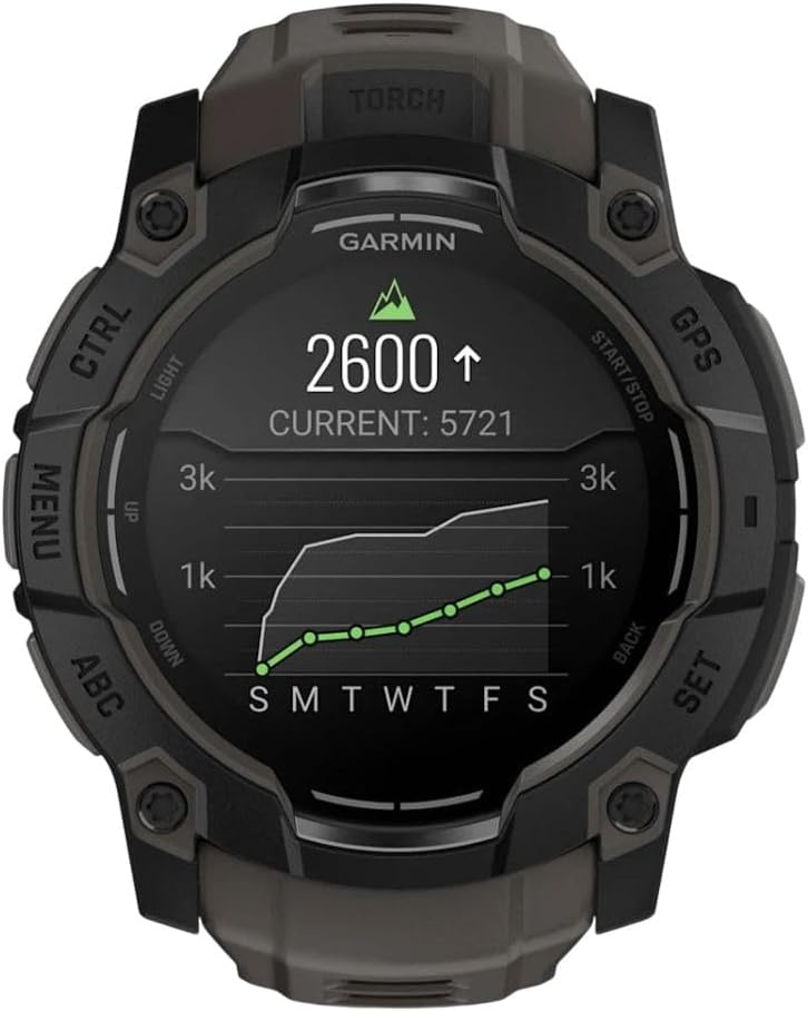 image:imageGarmin Instinct 3 45mm AMOLED Display Rugged Outdoor GPS Smartwatch MetalReinforced Bezel Builtin Flashlight Up to 18 Days of Battery Life Black 45mm Amoled 12 Display MetalReinforced Bezel Builtin Flashlight Up to 18 Days Battery MultiBand GPS 10 AtmAMOLED Charcoal