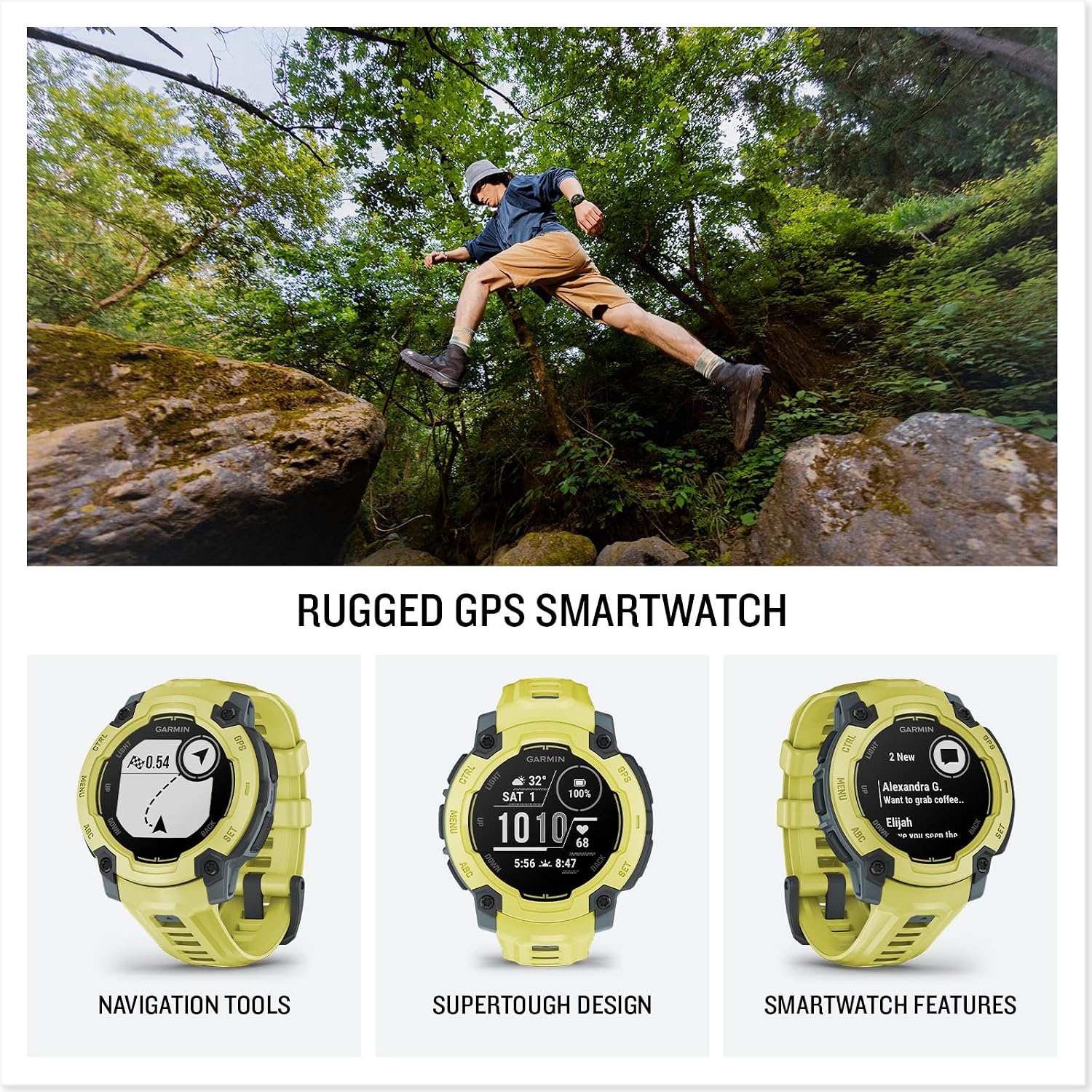 image:imageGarmin Instinct 3 45mm AMOLED Display Rugged Outdoor GPS Smartwatch MetalReinforced Bezel Builtin Flashlight Up to 18 Days of Battery Life Black 45mm Amoled 12 Display MetalReinforced Bezel Builtin Flashlight Up to 18 Days Battery MultiBand GPS 10 AtmElectric Lime