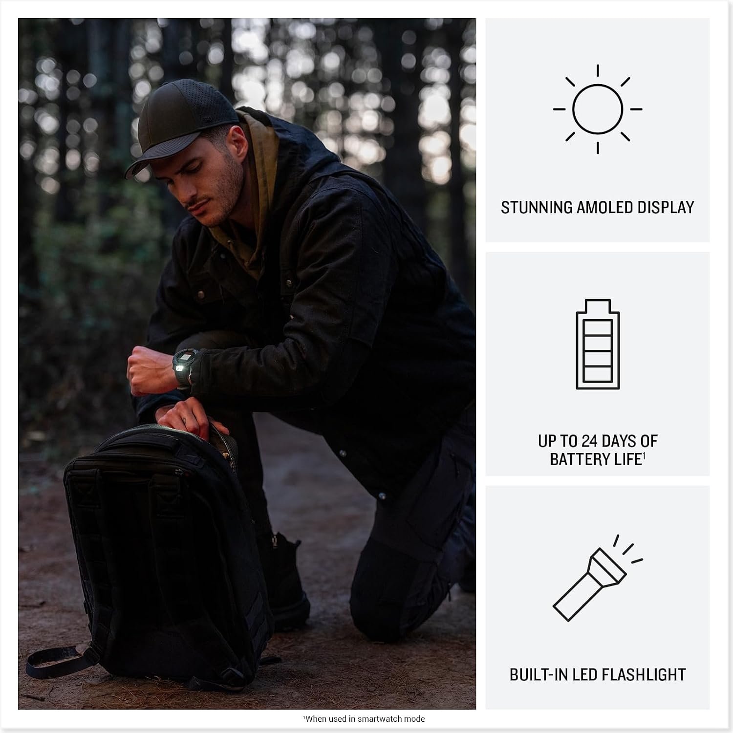 image:imageGarmin Instinct 3 45mm AMOLED Display Rugged Outdoor GPS Smartwatch MetalReinforced Bezel Builtin Flashlight Up to 18 Days of Battery Life Black 45mm Amoled 12 Display MetalReinforced Bezel Builtin Flashlight Up to 18 Days Battery MultiBand GPS 10 AtmBlack with Black Band