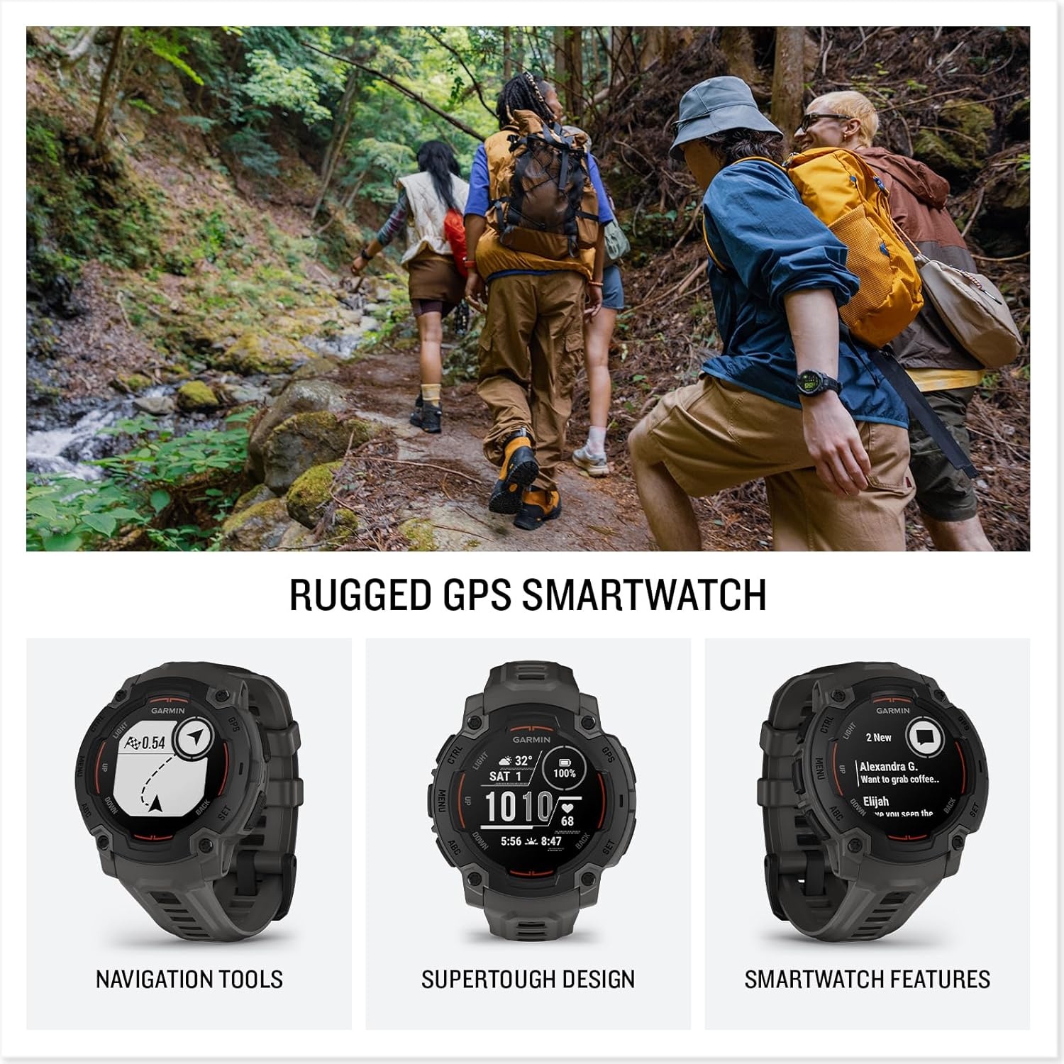 image:imageGarmin Instinct 3 45mm AMOLED Display Rugged Outdoor GPS Smartwatch MetalReinforced Bezel Builtin Flashlight Up to 18 Days of Battery Life Black 45mm Amoled 12 Display MetalReinforced Bezel Builtin Flashlight Up to 18 Days Battery MultiBand GPS 10 AtmE Charcoal