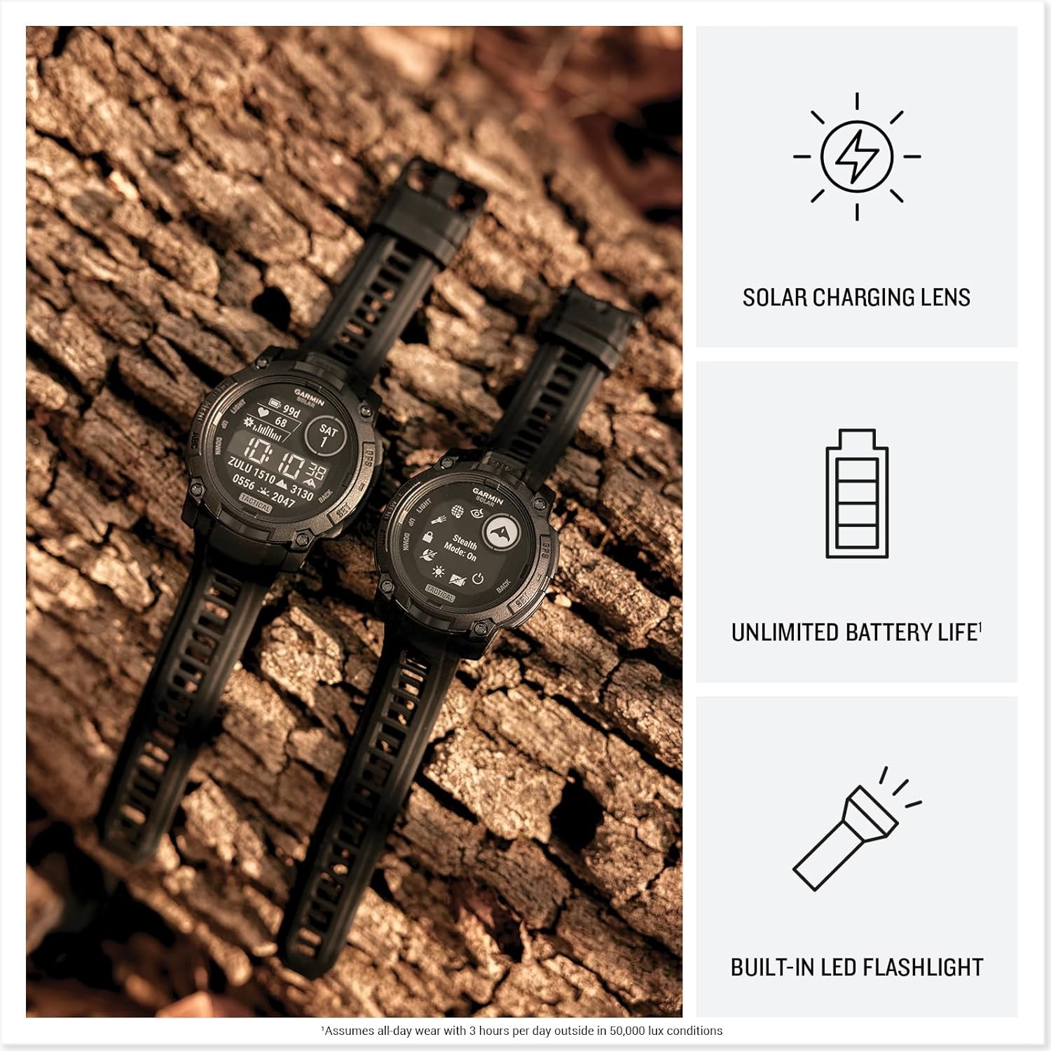 image:imageGarmin Instinct 3 45mm AMOLED Display Rugged Outdoor GPS Smartwatch MetalReinforced Bezel Builtin Flashlight Up to 18 Days of Battery Life Black 45mm Amoled 12 Display MetalReinforced Bezel Builtin Flashlight Up to 18 Days Battery MultiBand GPS 10 AtmBlack