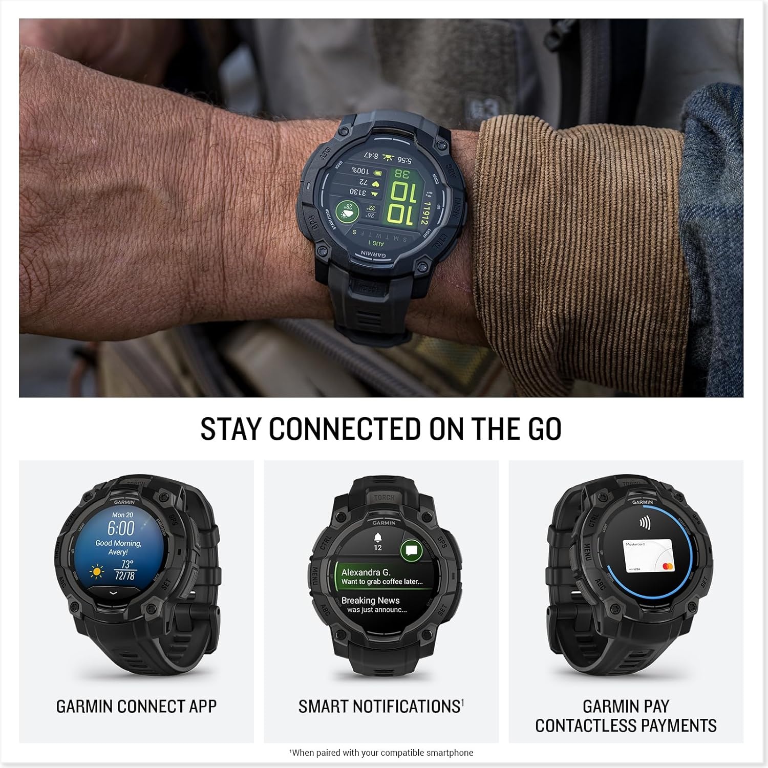 image:imageGarmin Instinct 3 45mm AMOLED Display Rugged Outdoor GPS Smartwatch MetalReinforced Bezel Builtin Flashlight Up to 18 Days of Battery Life Black 45mm Amoled 12 Display MetalReinforced Bezel Builtin Flashlight Up to 18 Days Battery MultiBand GPS 10 AtmAMOLED Black