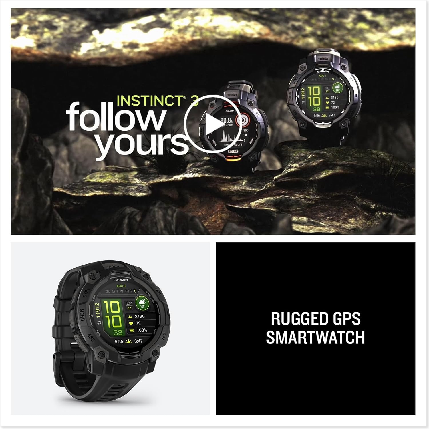 image:imageGarmin Instinct 3 45mm AMOLED Display Rugged Outdoor GPS Smartwatch MetalReinforced Bezel Builtin Flashlight Up to 18 Days of Battery Life Black 45mm Amoled 12 Display MetalReinforced Bezel Builtin Flashlight Up to 18 Days Battery MultiBand GPS 10 AtmAMOLED Black