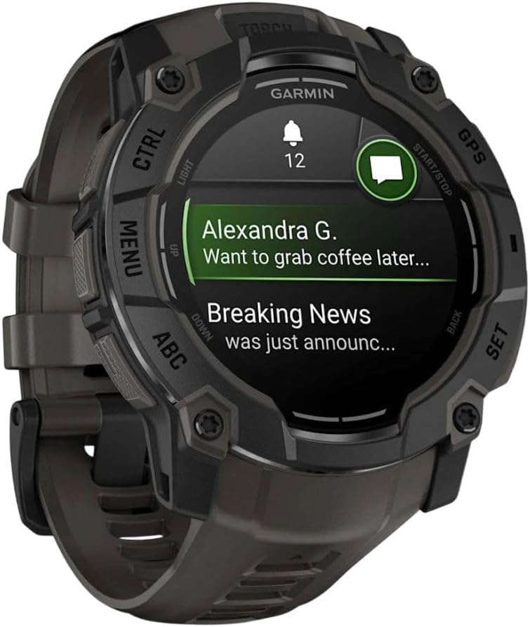 image:imageGarmin Instinct 3 45mm AMOLED Display Rugged Outdoor GPS Smartwatch MetalReinforced Bezel Builtin Flashlight Up to 18 Days of Battery Life Black 45mm Amoled 12 Display MetalReinforced Bezel Builtin Flashlight Up to 18 Days Battery MultiBand GPS 10 AtmAMOLED Charcoal