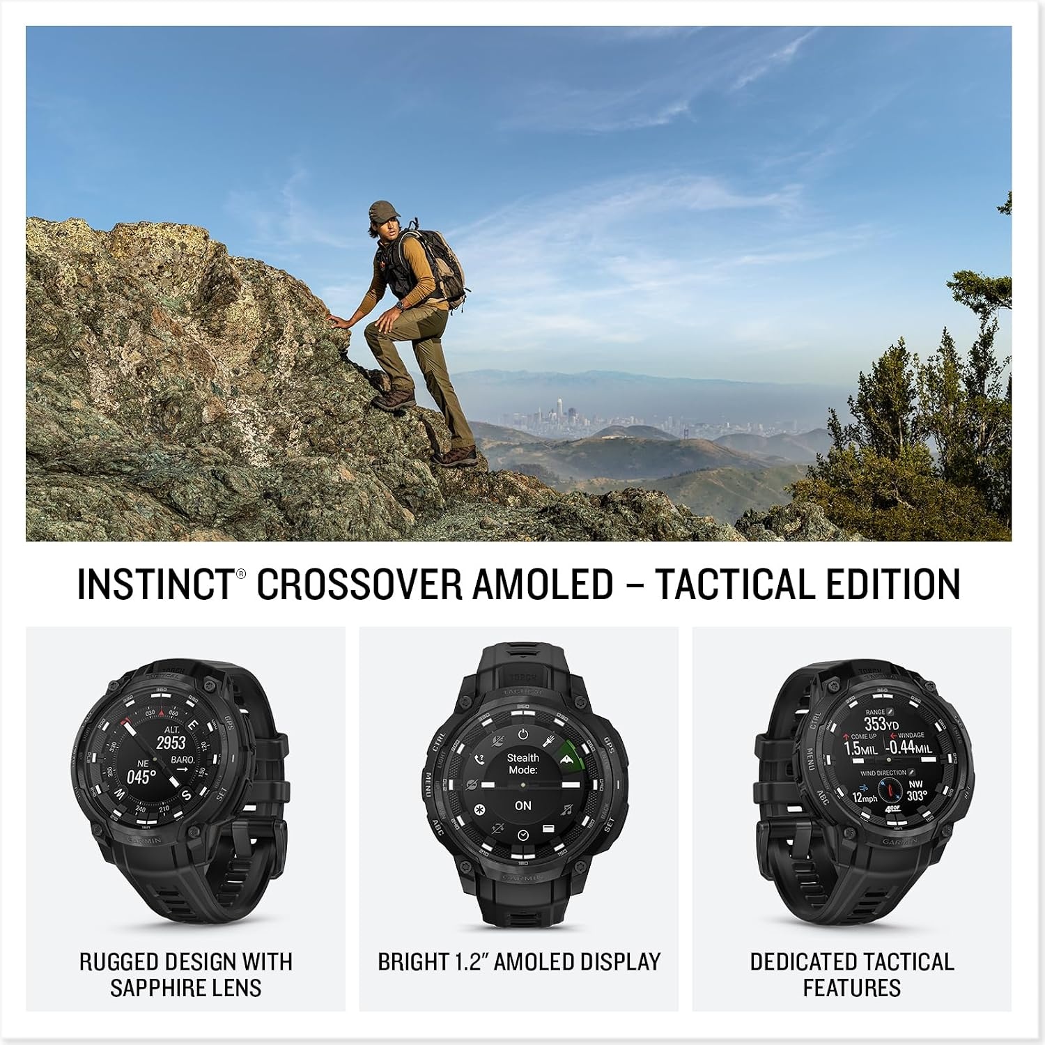 image:imageGarmin Instinct Crossover AMOLED Rugged Hybrid GPS Smartwatch with Analog Watch Hands and Bright AMOLED Display BronzeSunburst with Cocoa Silicone Band Analog Watch Hands 47mm Case Cocoa Silicone Band Up to 14 Days BatteryBlack
