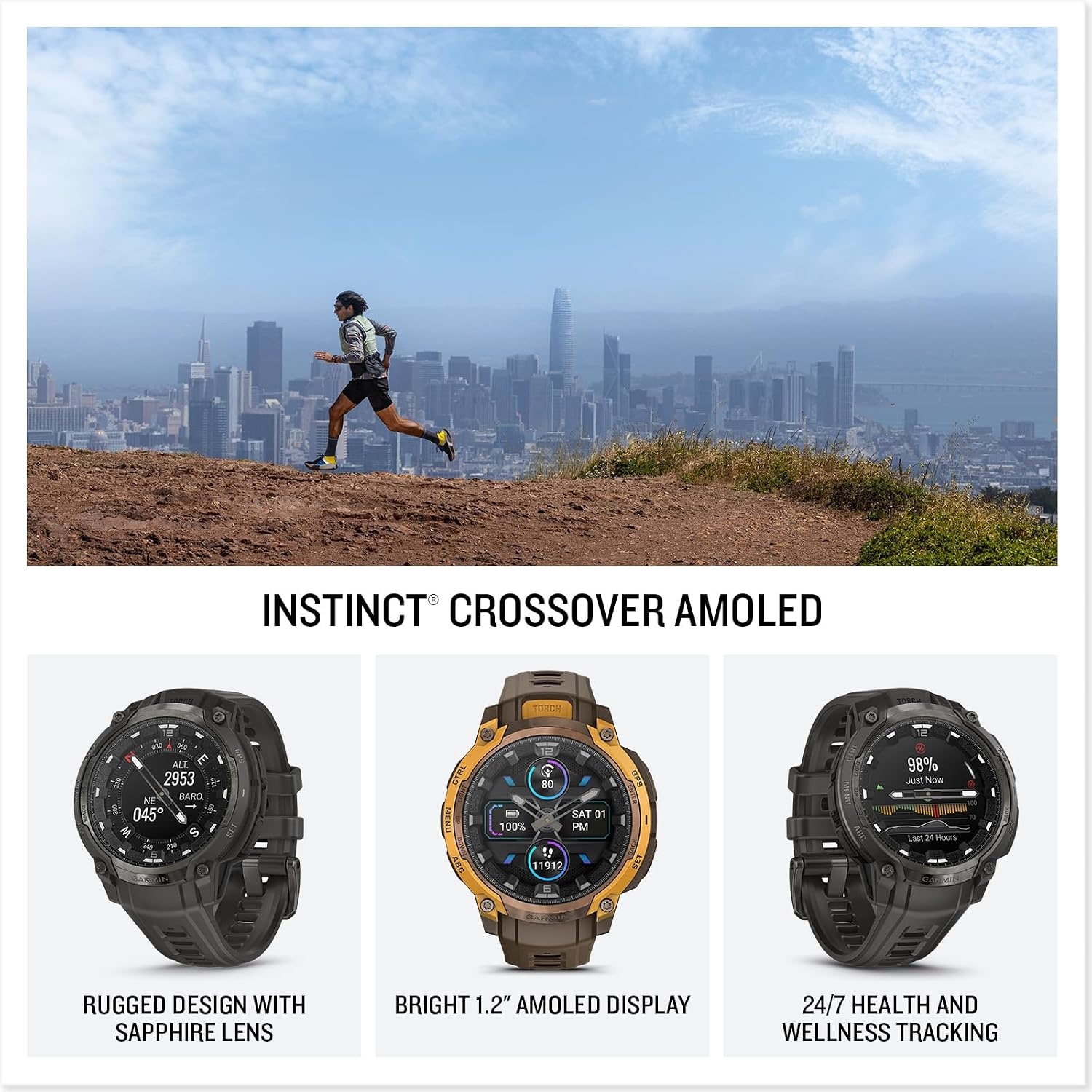 image:imageGarmin Instinct Crossover AMOLED Rugged Hybrid GPS Smartwatch with Analog Watch Hands and Bright AMOLED Display BronzeSunburst with Cocoa Silicone Band Analog Watch Hands 47mm Case Cocoa Silicone Band Up to 14 Days BatteryCharcoal