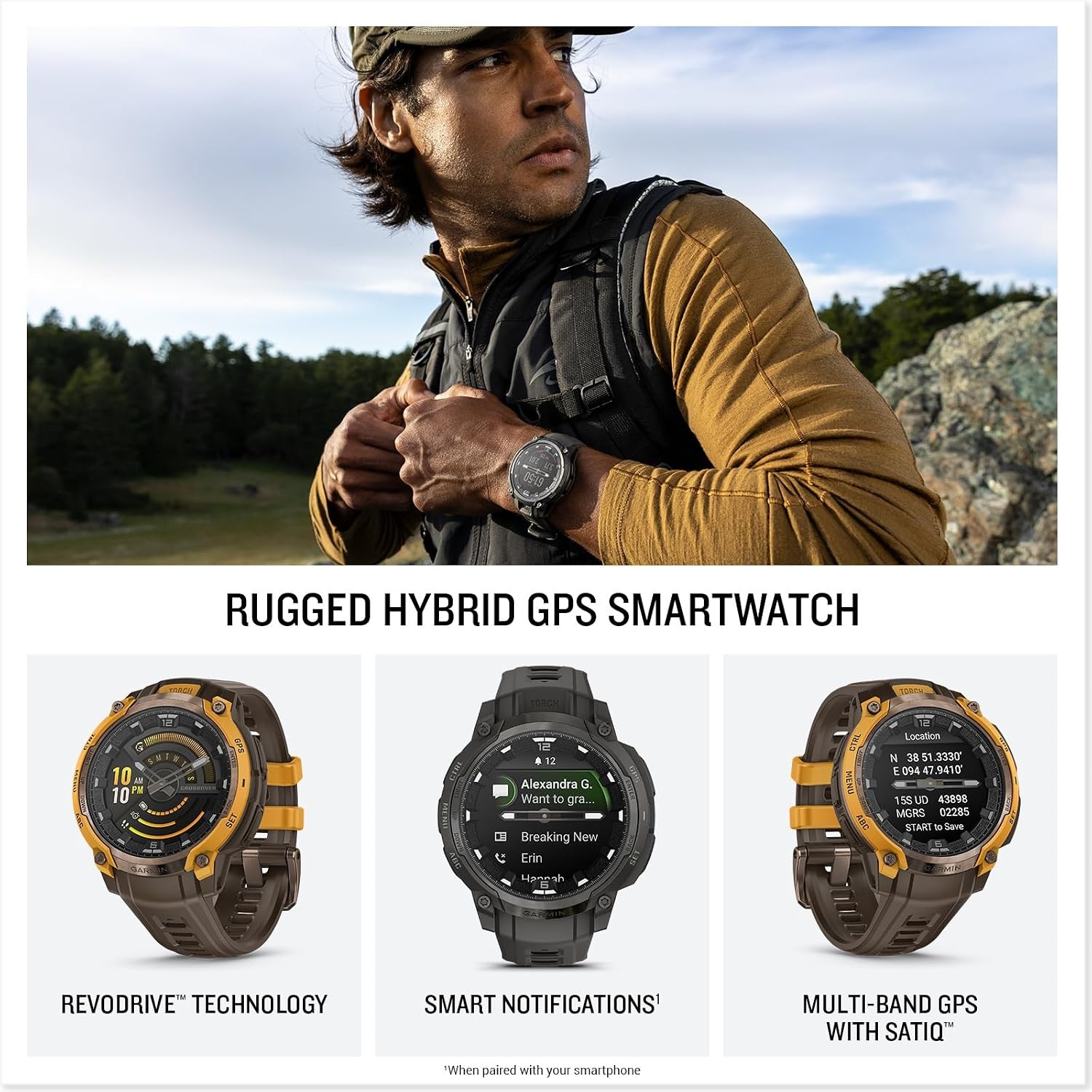image:imageGarmin Instinct Crossover AMOLED Rugged Hybrid GPS Smartwatch with Analog Watch Hands and Bright AMOLED Display BronzeSunburst with Cocoa Silicone Band Analog Watch Hands 47mm Case Cocoa Silicone Band Up to 14 Days BatteryCharcoal