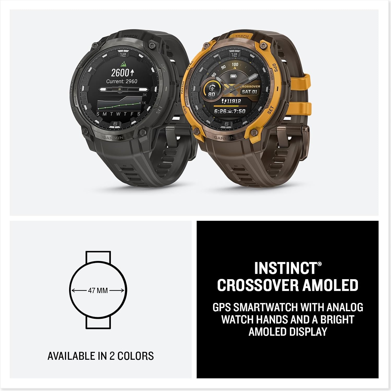 image:imageGarmin Instinct Crossover AMOLED Rugged Hybrid GPS Smartwatch with Analog Watch Hands and Bright AMOLED Display BronzeSunburst with Cocoa Silicone Band Analog Watch Hands 47mm Case Cocoa Silicone Band Up to 14 Days BatteryBronzeSunburst